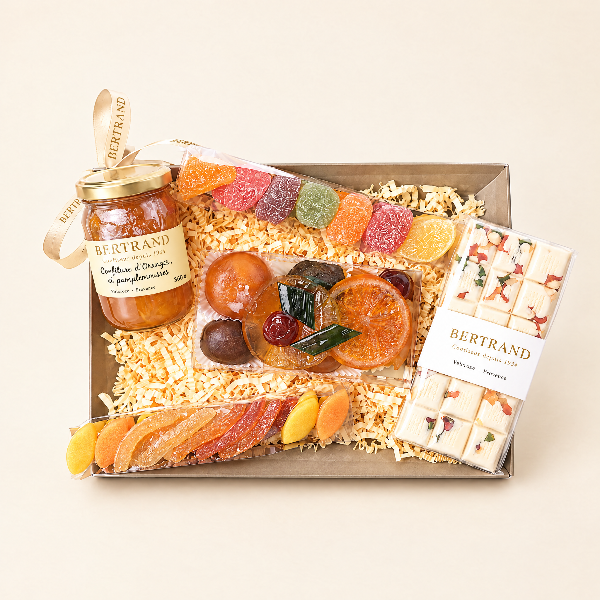 Panier gourmand Fruits du Soleil Bertrand, confiture, fruits confits et chocolat