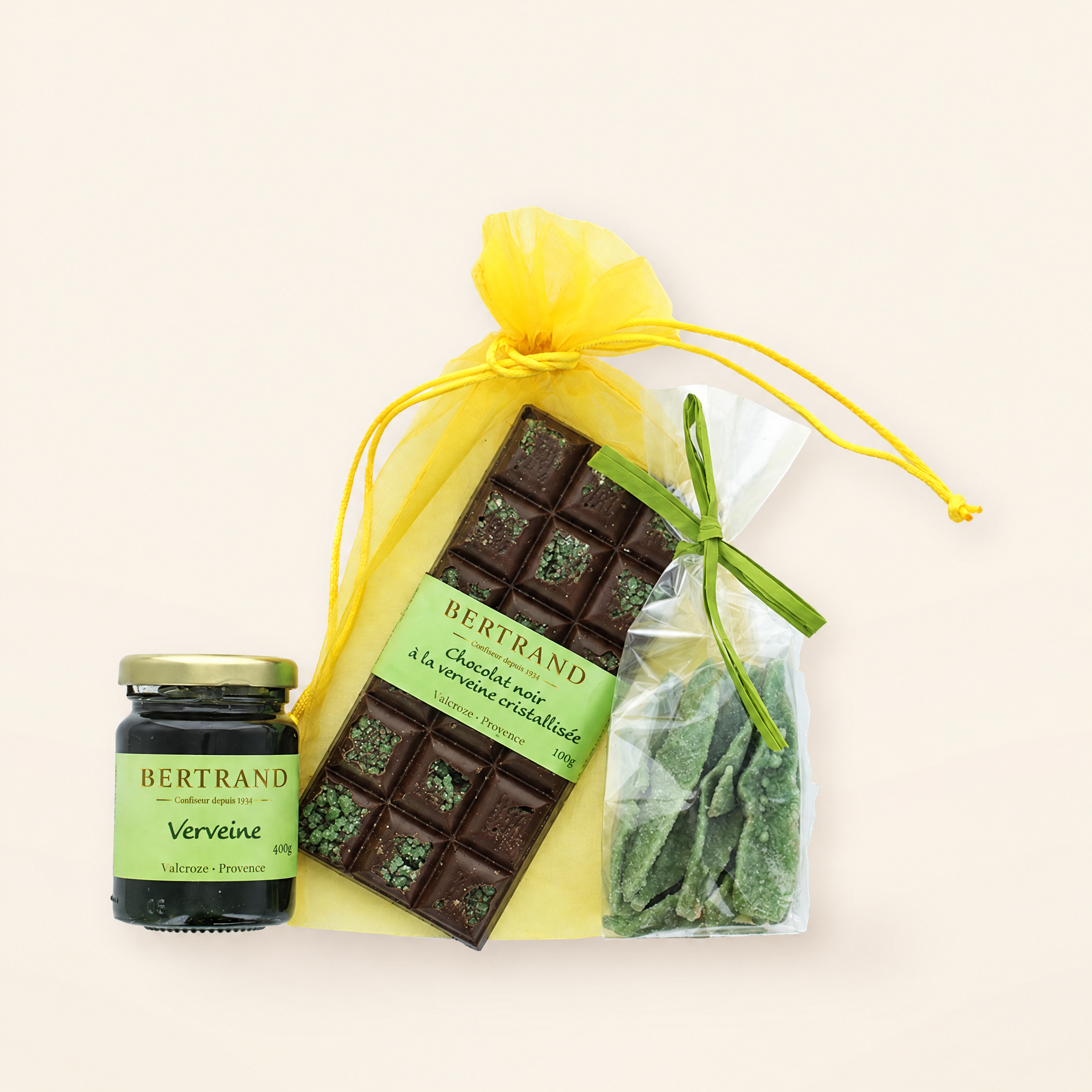 Trilogie à la verveine Bertrand : délice, tablette de chocolat noir et feuilles cristallisées
