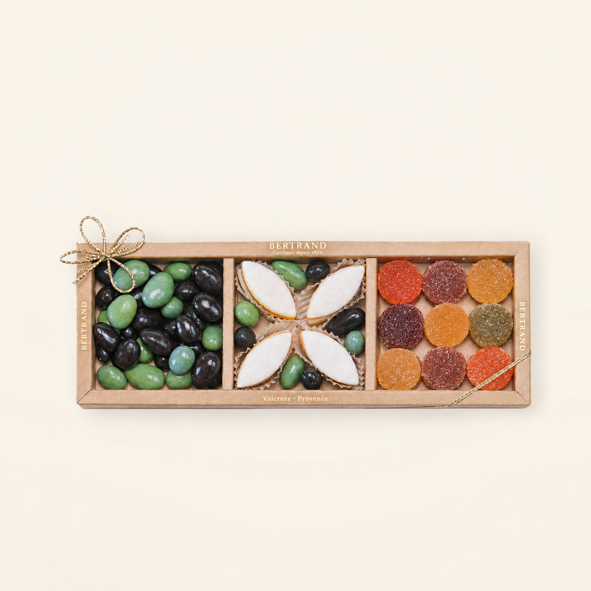 Coffret trio Bertrand : olives en chocolat, calissons et pâtes de fruits