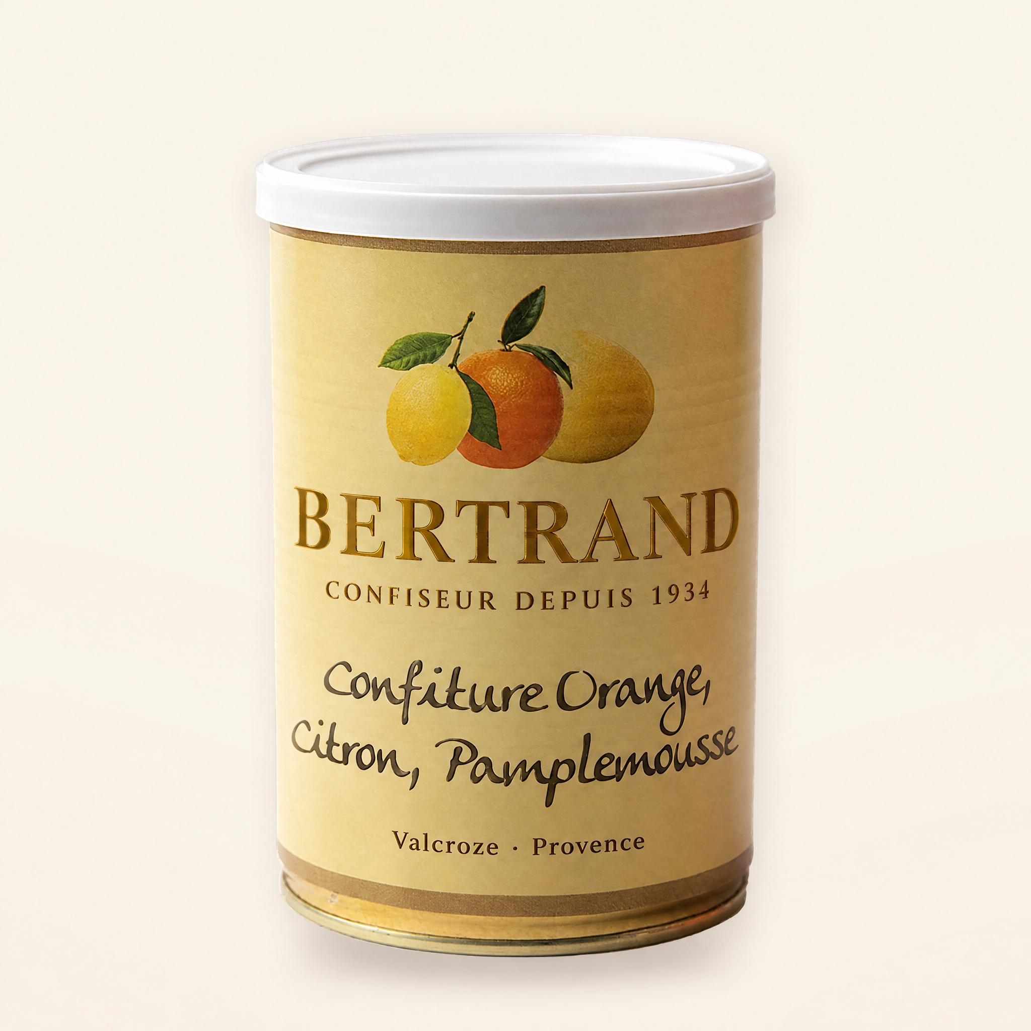Boîte de confiture aux trois agrumes Bertrand, orange, citron et pamplemousse