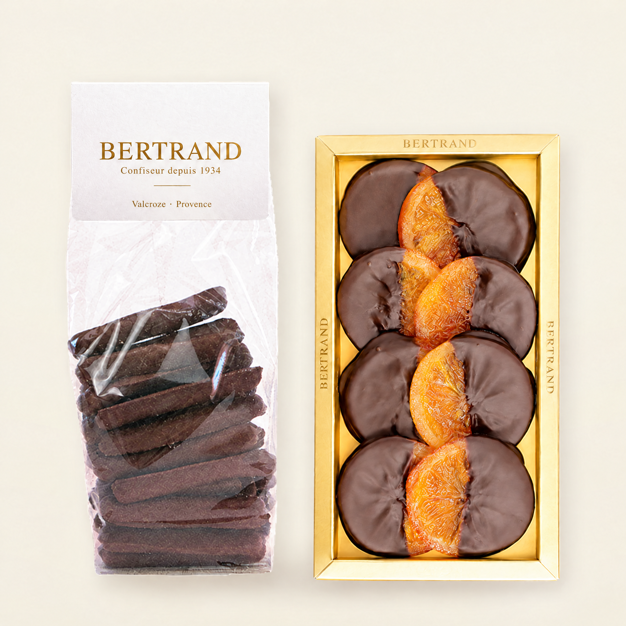 Sachet dorangettes au chocolat et coffret de tranches dorange chocolatées Bertrand
