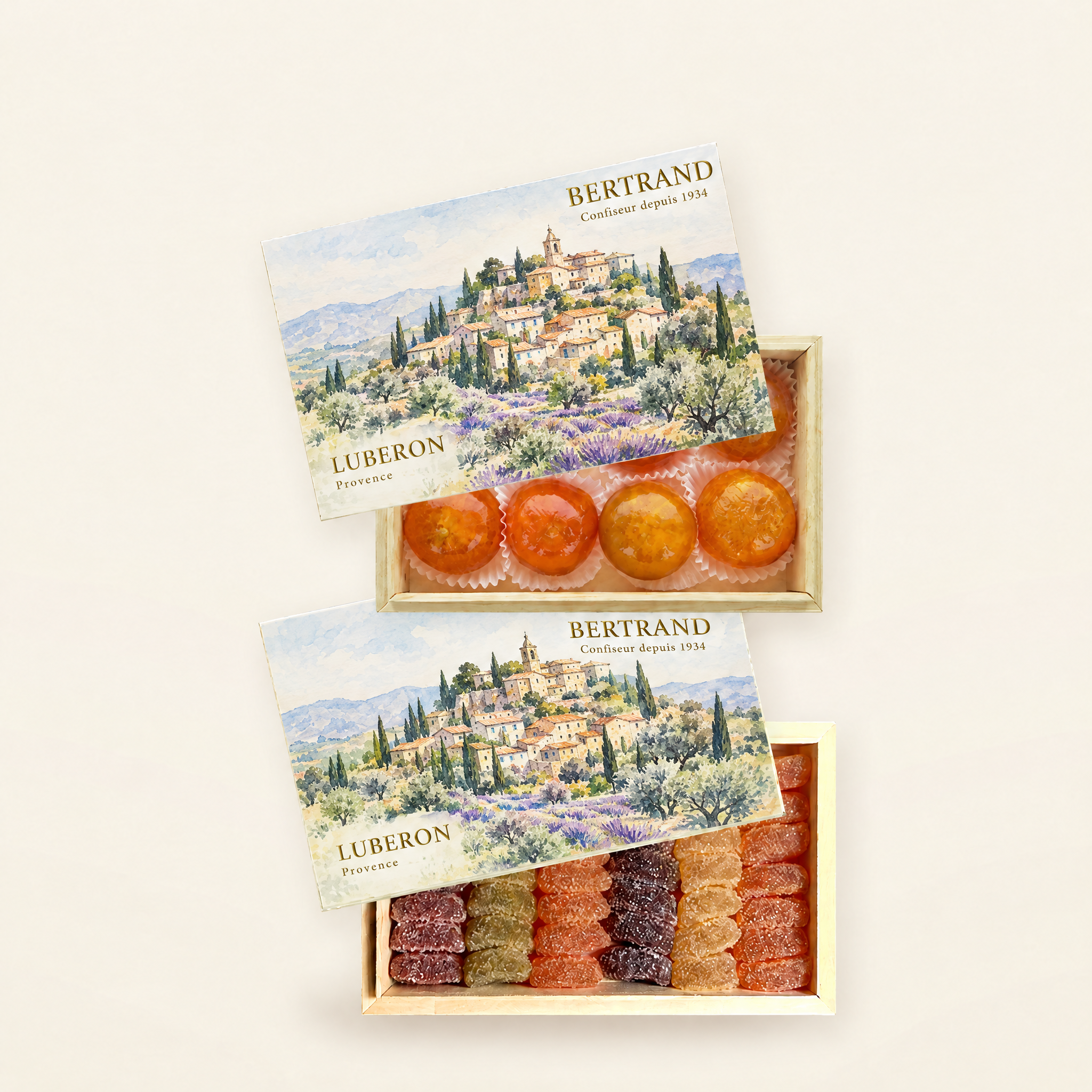 Deux coffrets Bertrand décor de village du Luberon : clémentines confites et pâtes de fruits