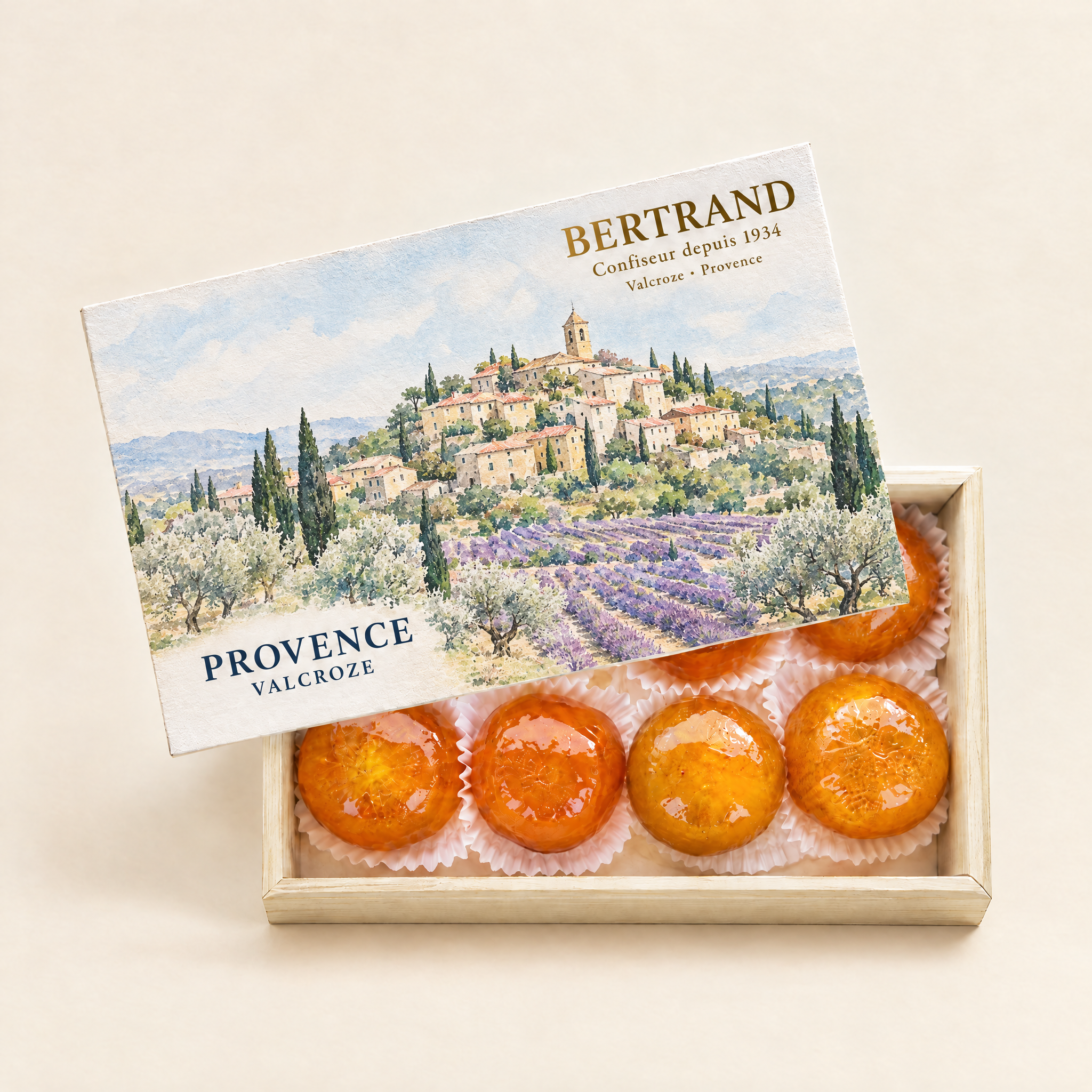 Coffret Provence de clémentines confites Bertrand, décor de champs de lavande
