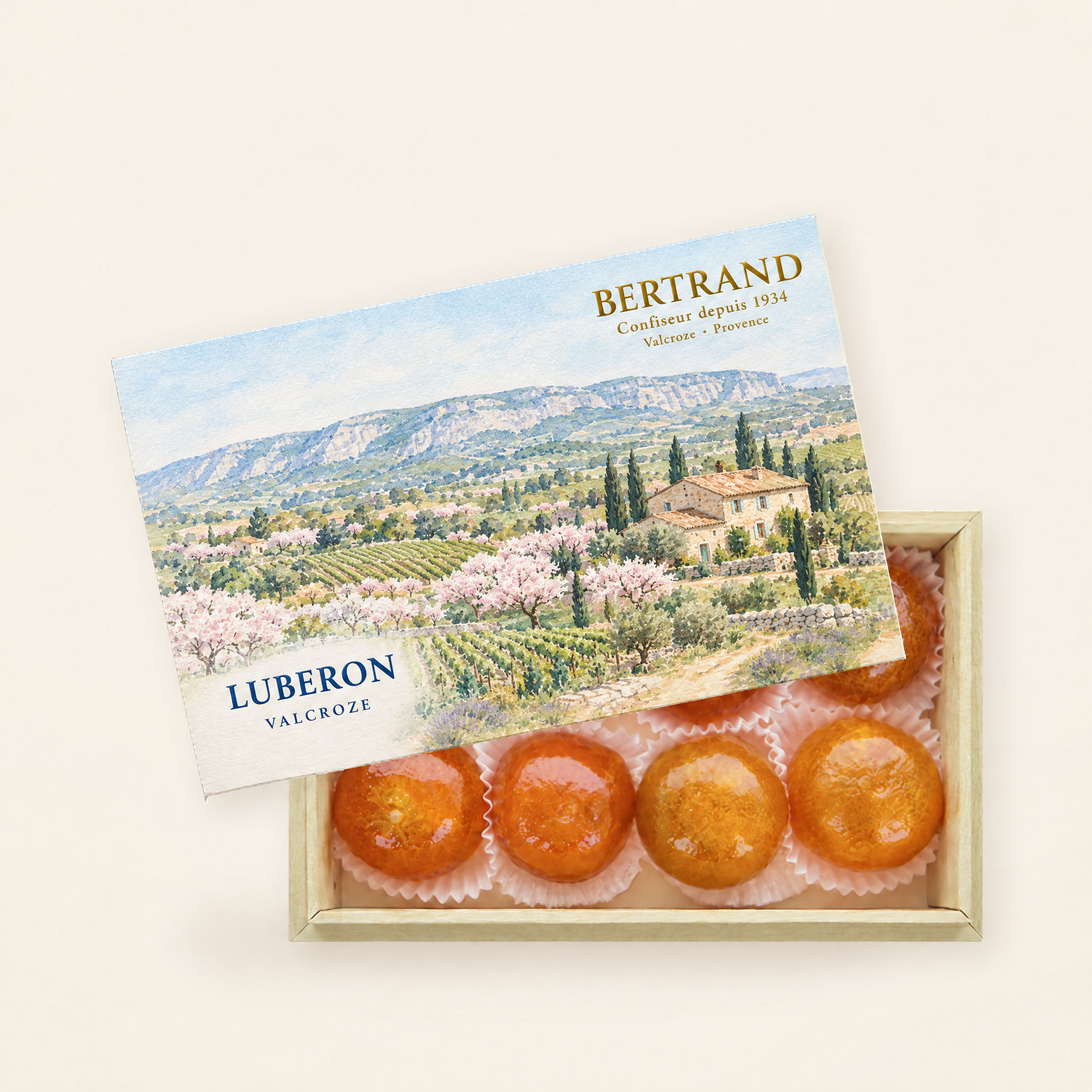 Coffret Luberon de clémentines confites Bertrand, décor de vignes et vergers du Luberon