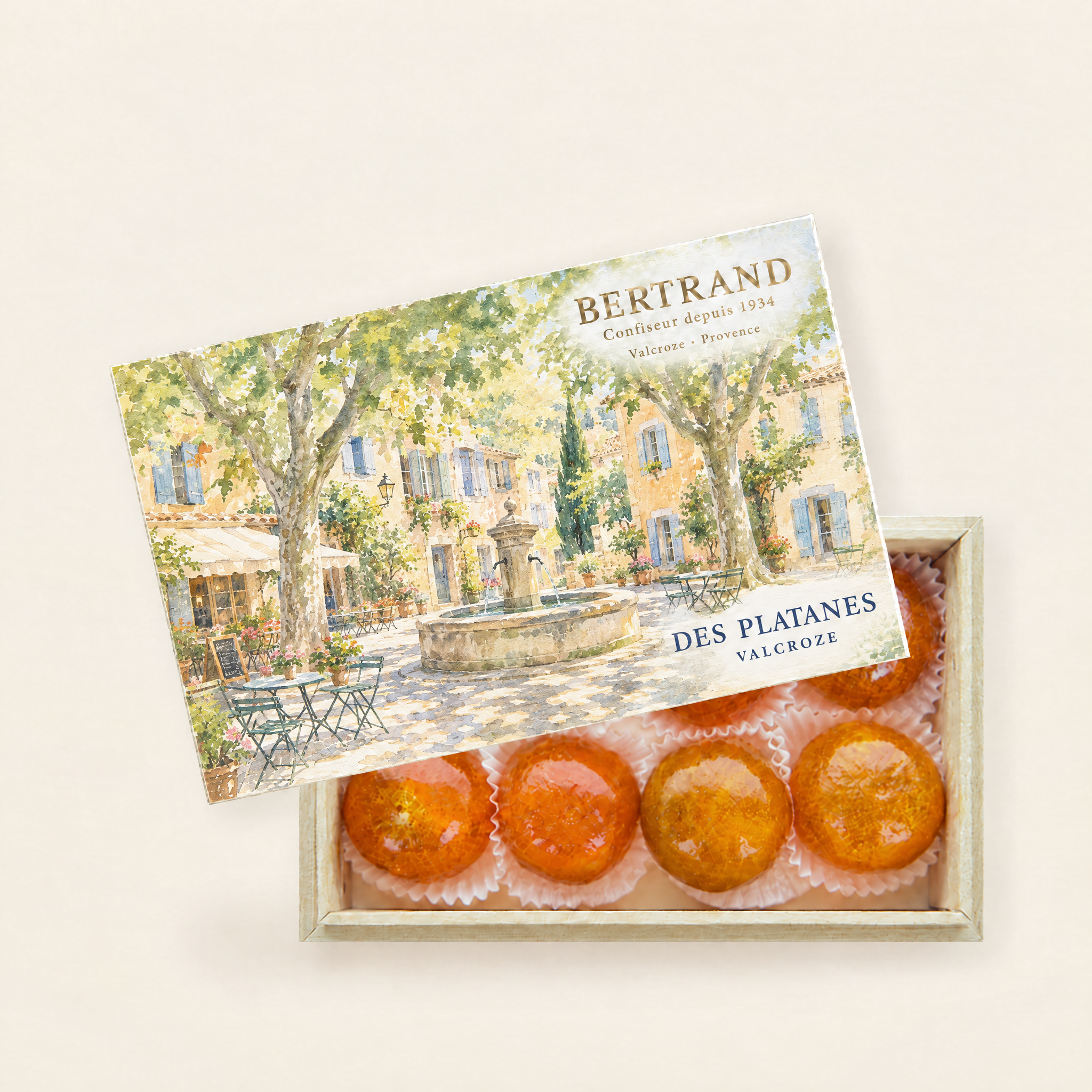 Coffret des Platanes de clémentines confites Bertrand, décor de place de village