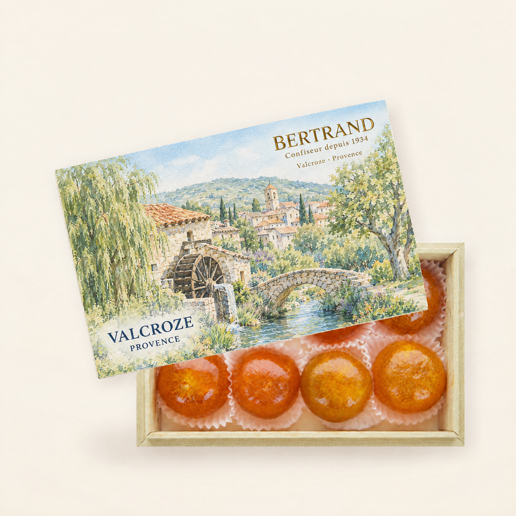 Coffret Valcroze de clémentines confites Bertrand, décor de moulin à eau