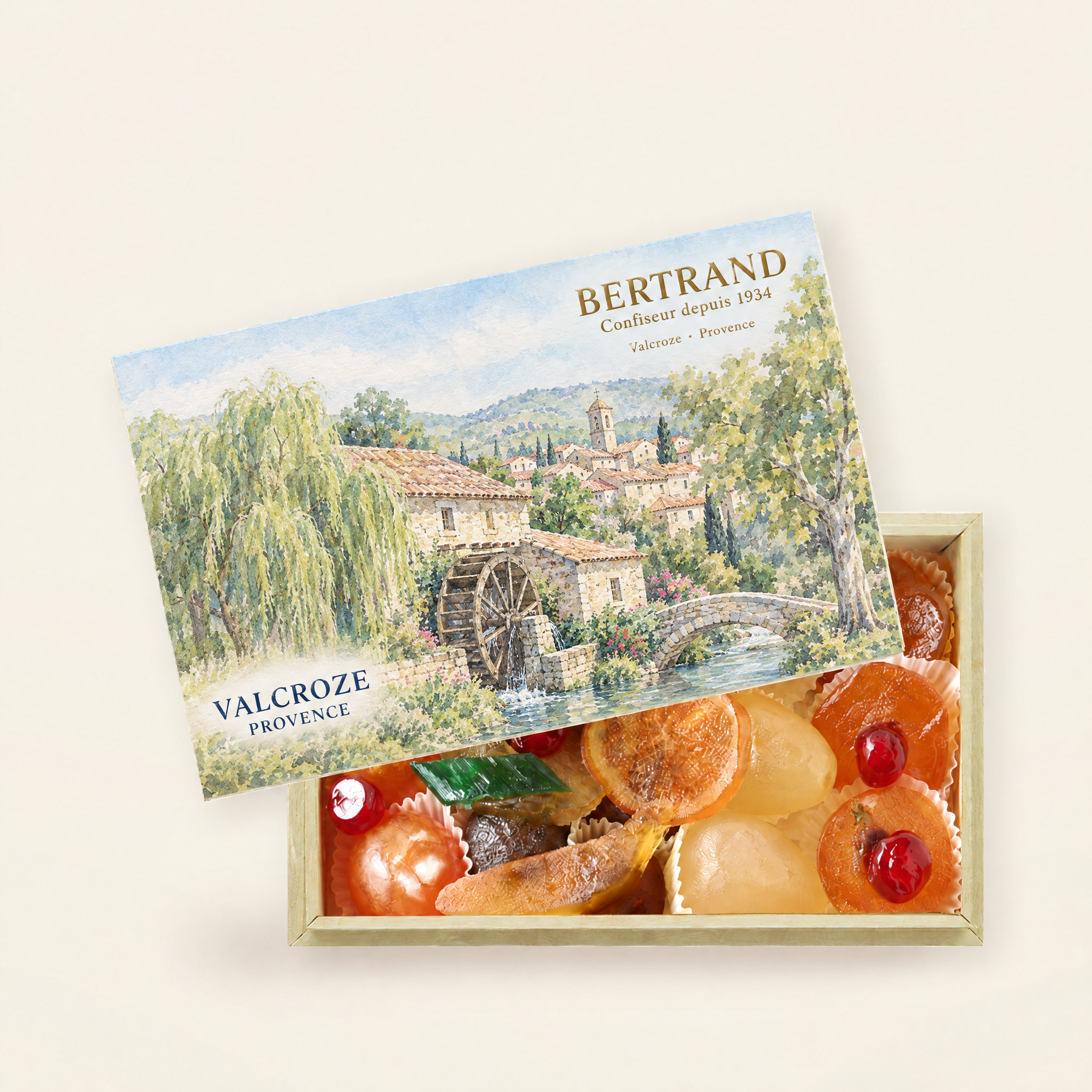 Coffret Valcroze de fruits confits assortis Bertrand, décor de moulin à eau
