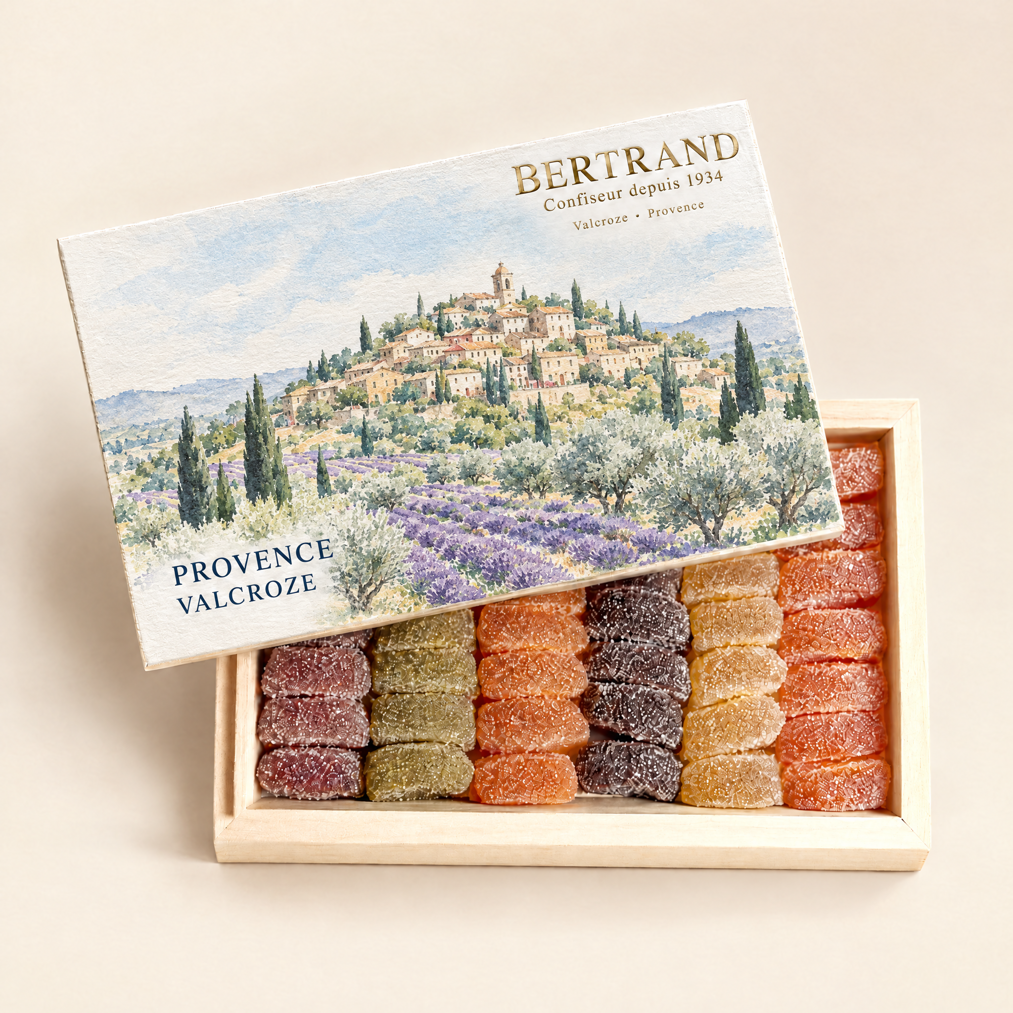 Coffret Provence de pâtes de fruits Bertrand, décor de champs de lavande