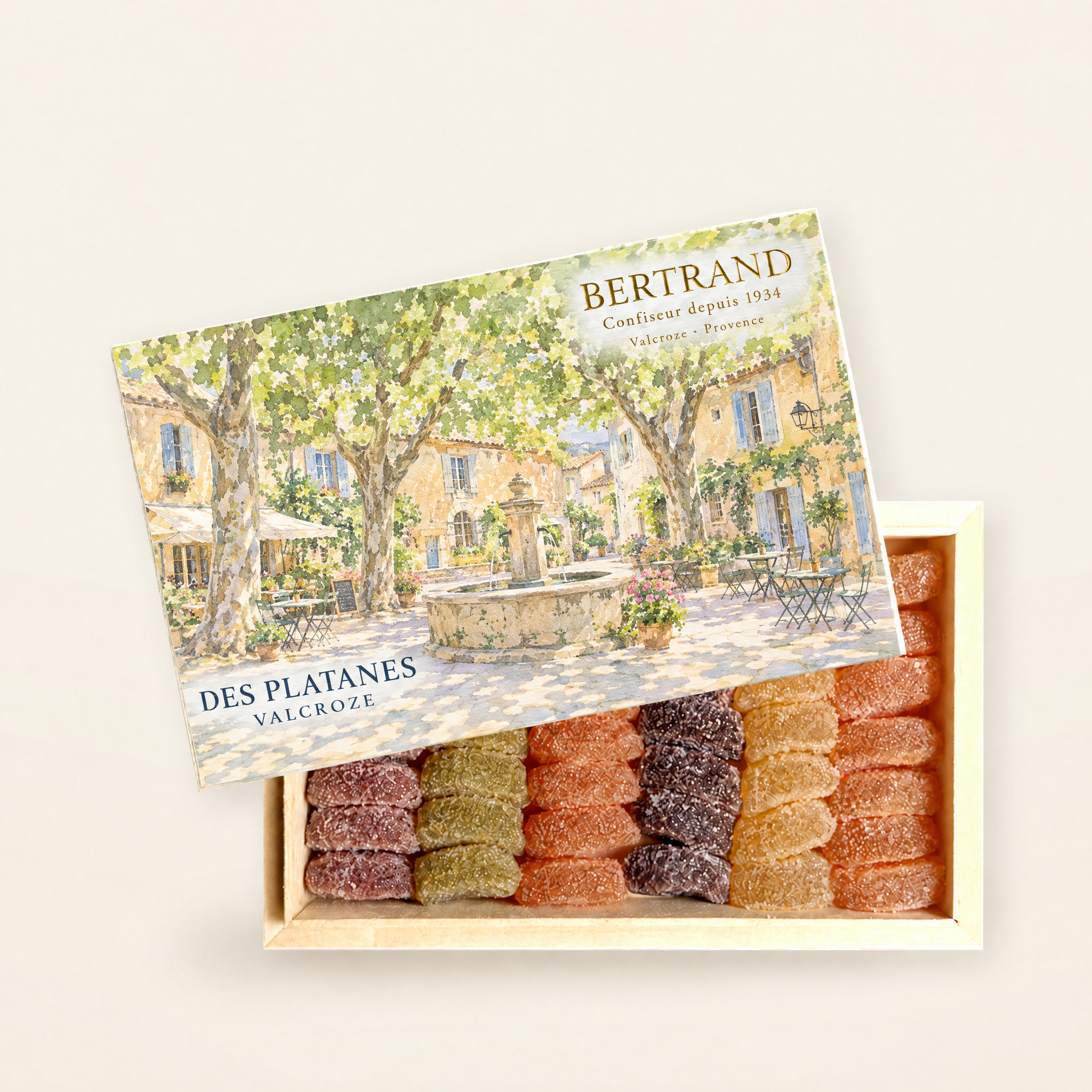 Coffret des Platanes de pâtes de fruits Bertrand, décor de place de village