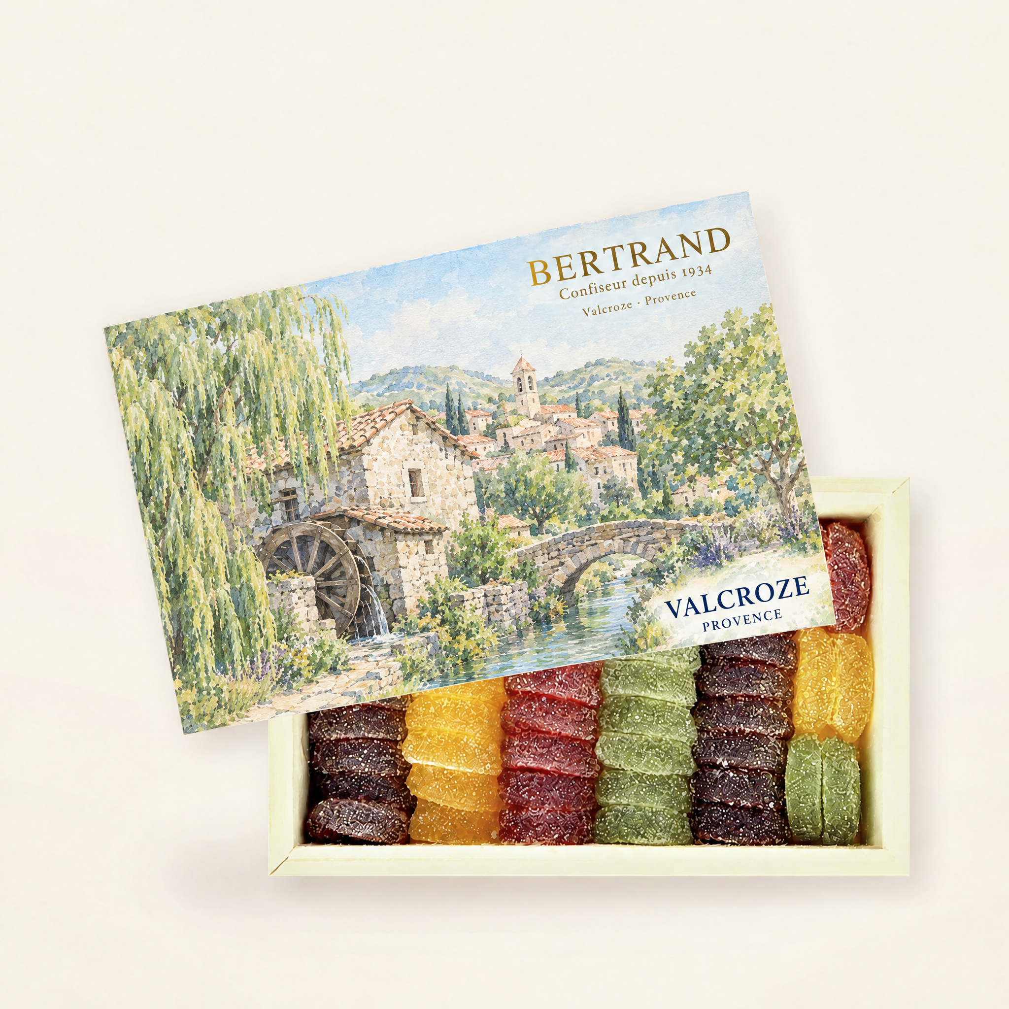 Coffret Valcroze de pâtes de fruits Bertrand, décor de moulin à eau
