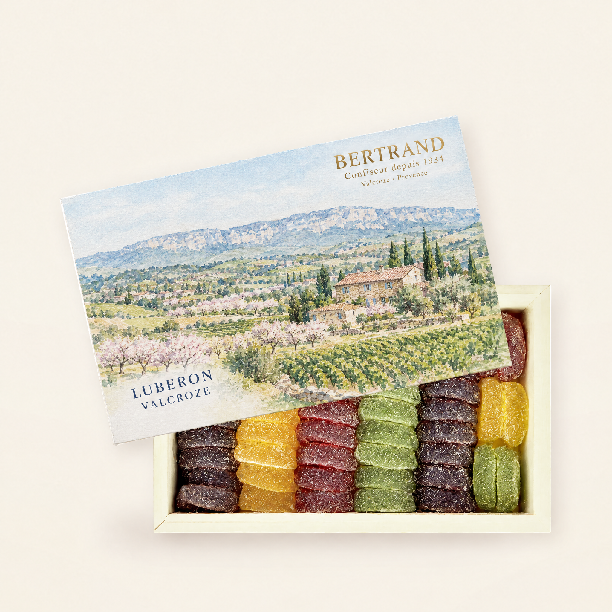 Coffret Luberon de pâtes de fruits Bertrand, décor de vignes et vergers du Luberon