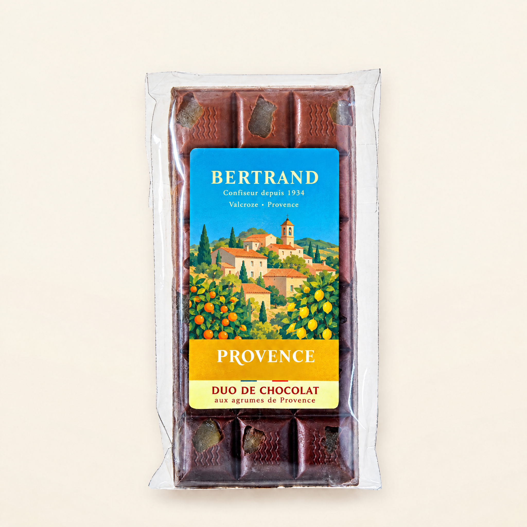Tablette duo de chocolat aux agrumes de Provence Bertrand, décor de village provençal et dagrumes