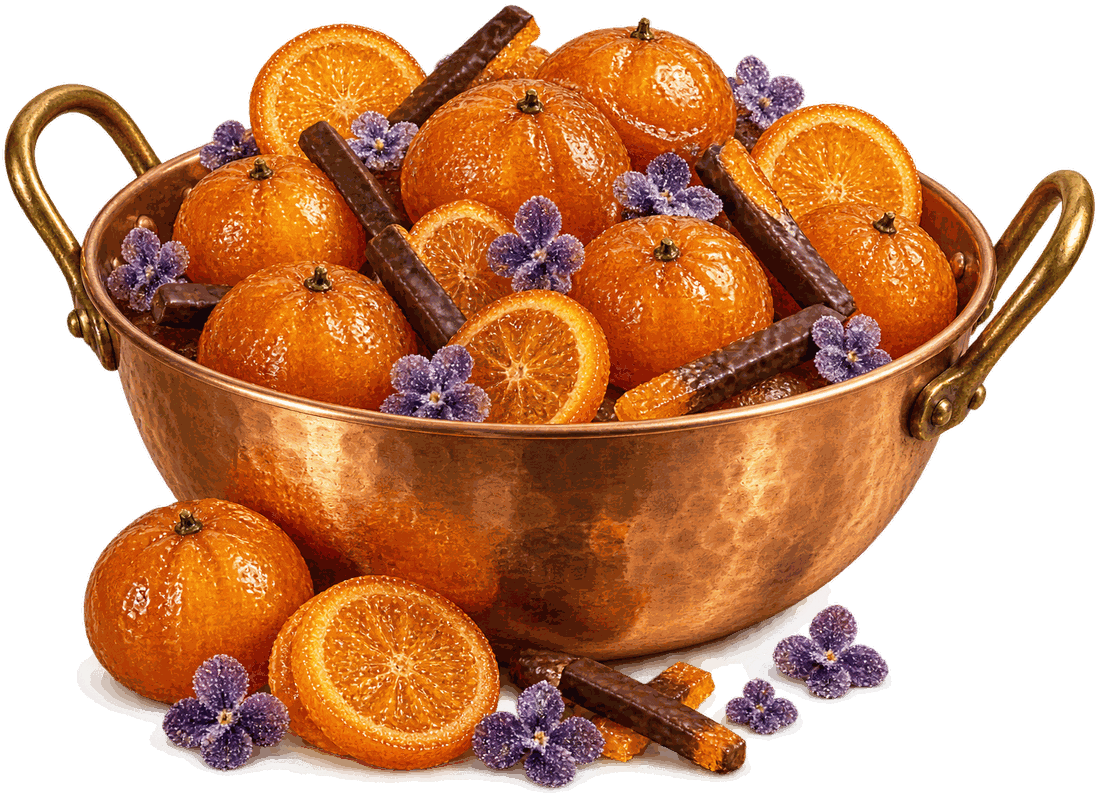 Bassine en cuivre remplie de clémentines confites, d'orangettes et de violettes cristallisées