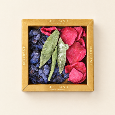 Coffret de fleurs cristallisées assorties Bertrand : violettes, roses et verveine