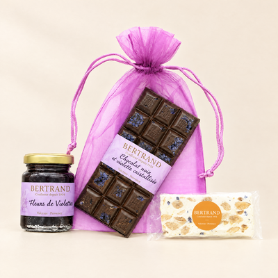 Trilogie à la violette Bertrand : fleurs de violette, chocolat noir et nougat
