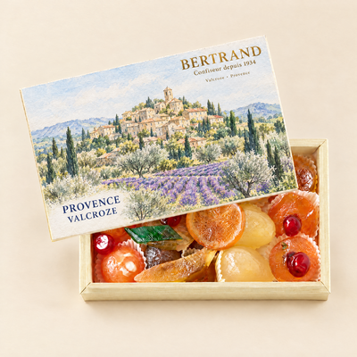 Coffret Provence de fruits confits assortis Bertrand, décor de champs de lavande