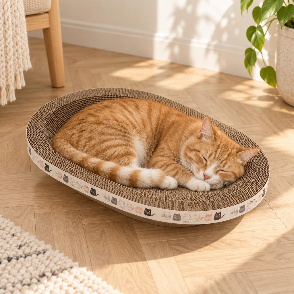 Visuel dambiance : chat roux endormi dans un griffoir ovale en carton ondulé posé sur un parquet