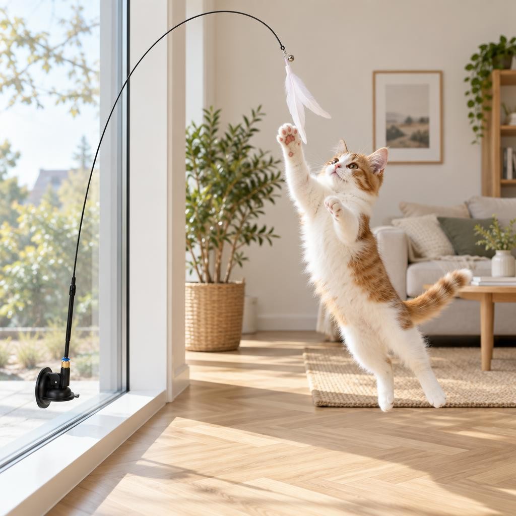 Visuel dambiance : chat blanc et roux sautant vers une plume au bout dune tige ressort fixée à une vitre