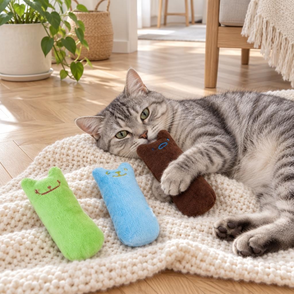 Visuel dambiance : chat tigré gris serrant une peluche café à côté dune peluche verte et dune bleue