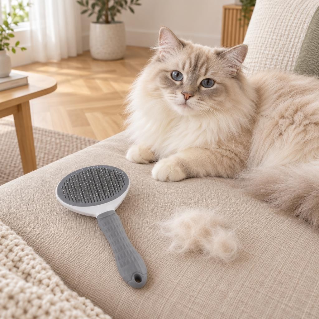Visuel dambiance : brosse autonettoyante grise posée sur un coussin en lin à côté dun chat à poils longs