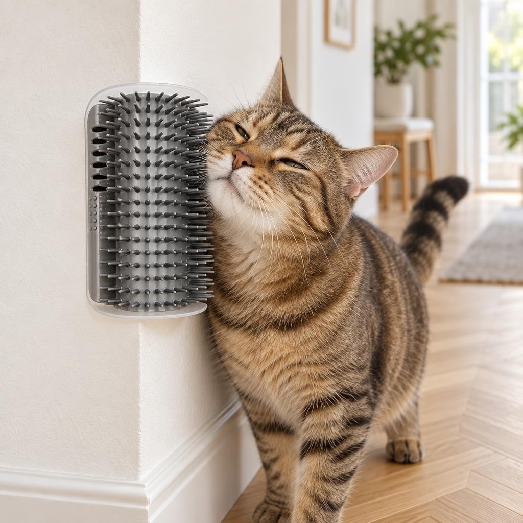 Visuel dambiance : chat tigré se frottant la joue contre une brosse dangle grise fixée au mur