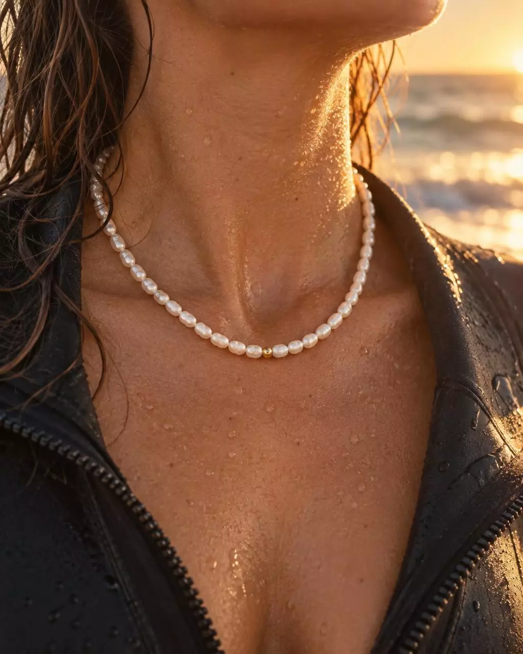 Collier en perles d’eau douce porté à la sortie de l’eau