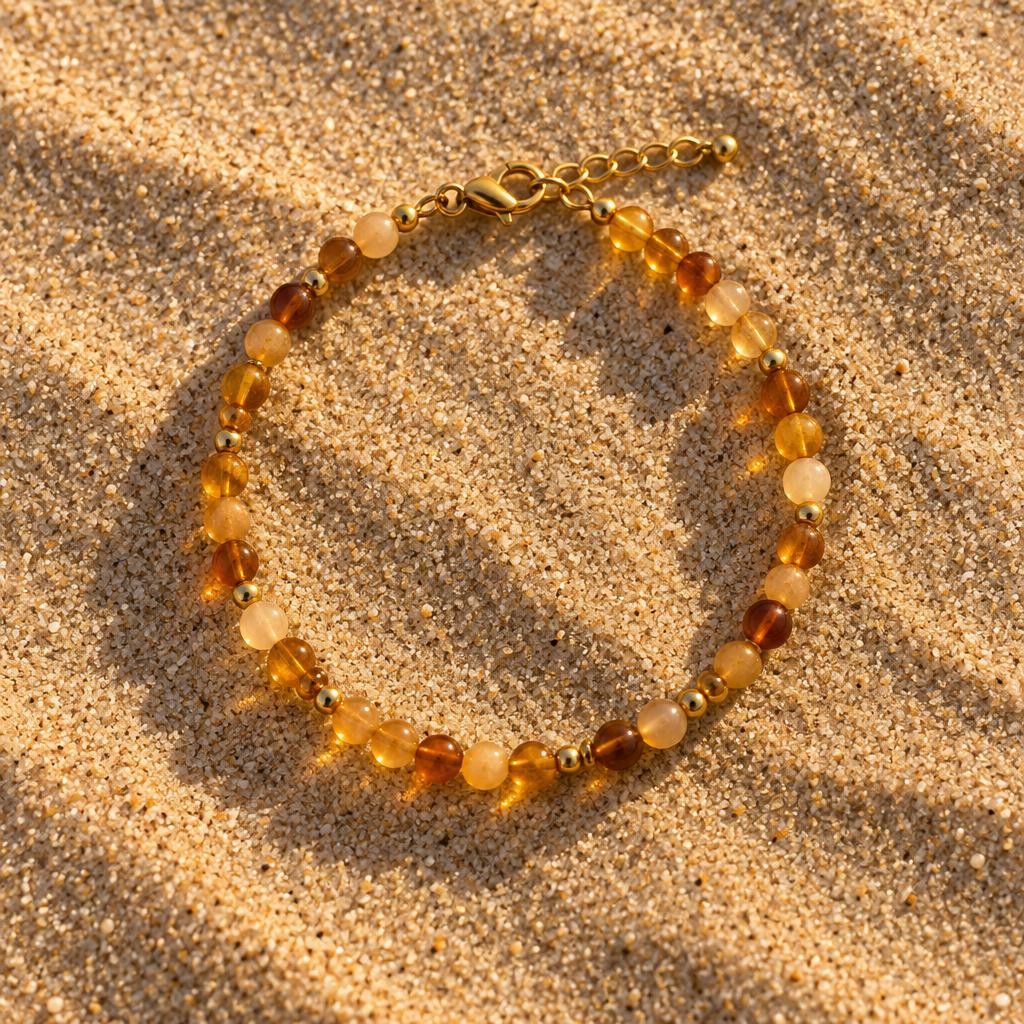 Bracelet en perles de verre miel et ambre posé sur le sable au coucher du soleil