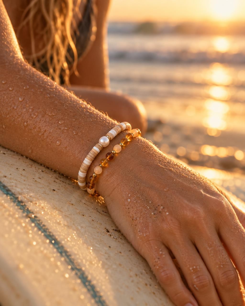 Deux bracelets en perles portés au poignet sur le rail d’une planche de surf