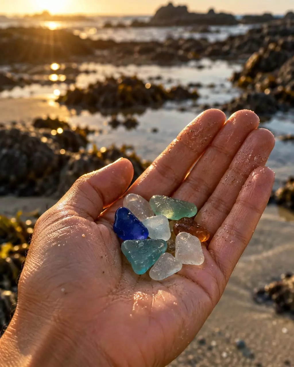 Morceaux de verre polis par la mer, bleus, turquoise, blancs et ambre, dans une main sur l’estran à marée basse