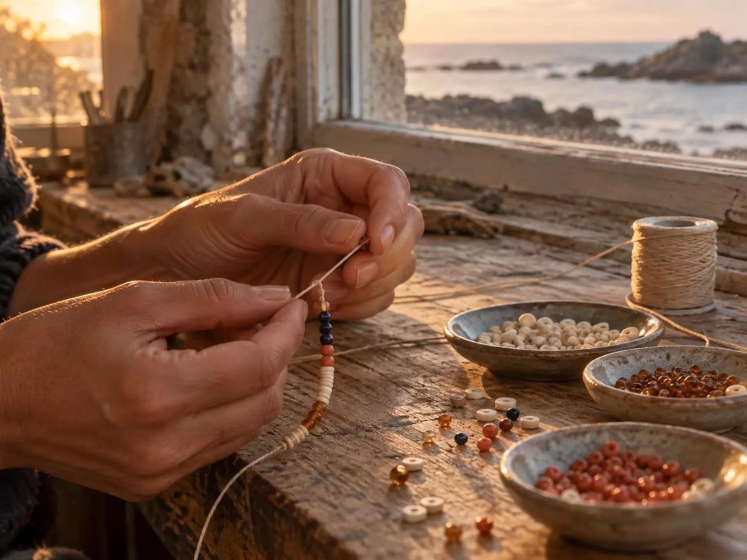 Les mains de Maëlle enfilent des perles sur un fil, à l’atelier, face à la mer