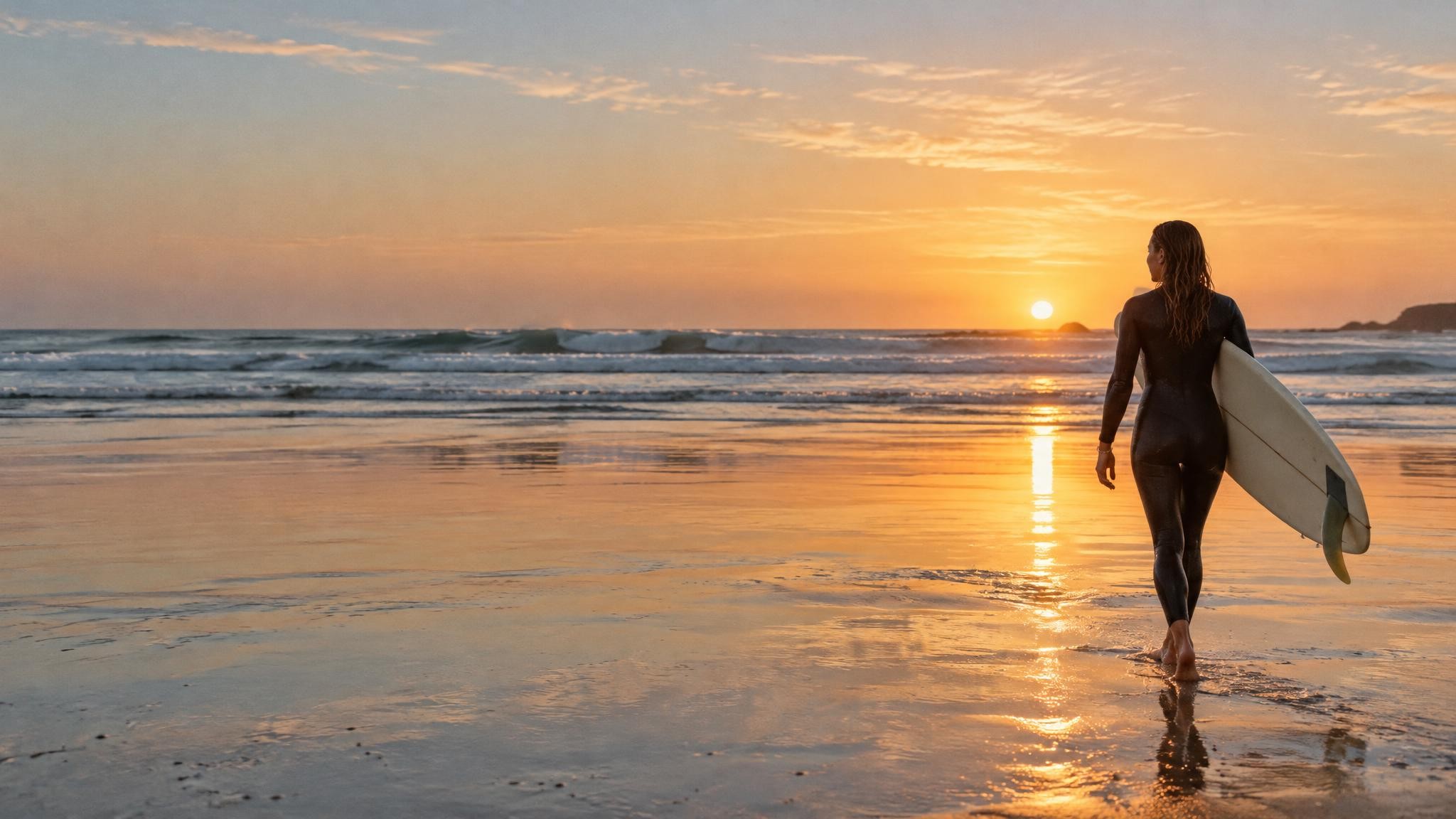Surfeuse marchant vers l’eau avec sa planche au coucher du soleil