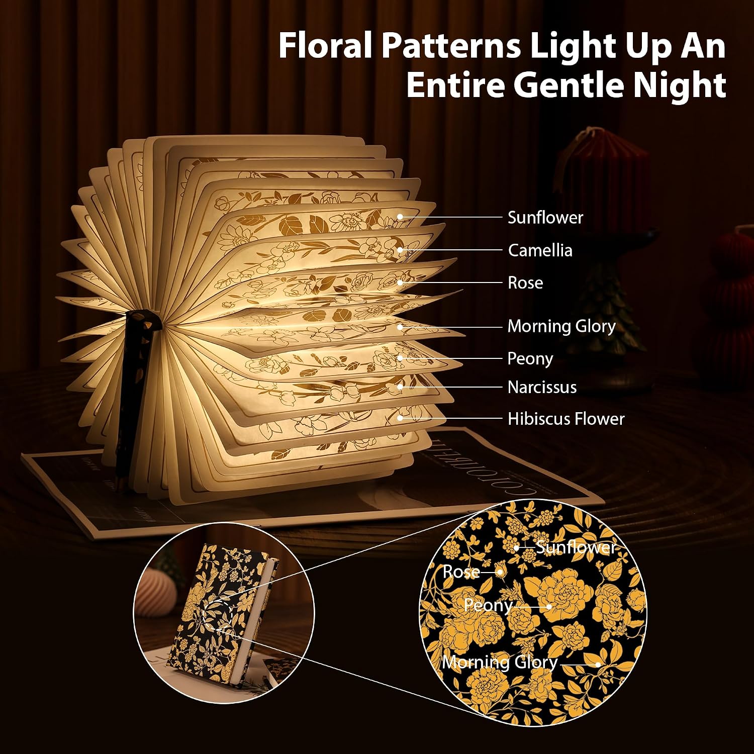 Lampe livre pliable noire à fleurs dorées, vue 2