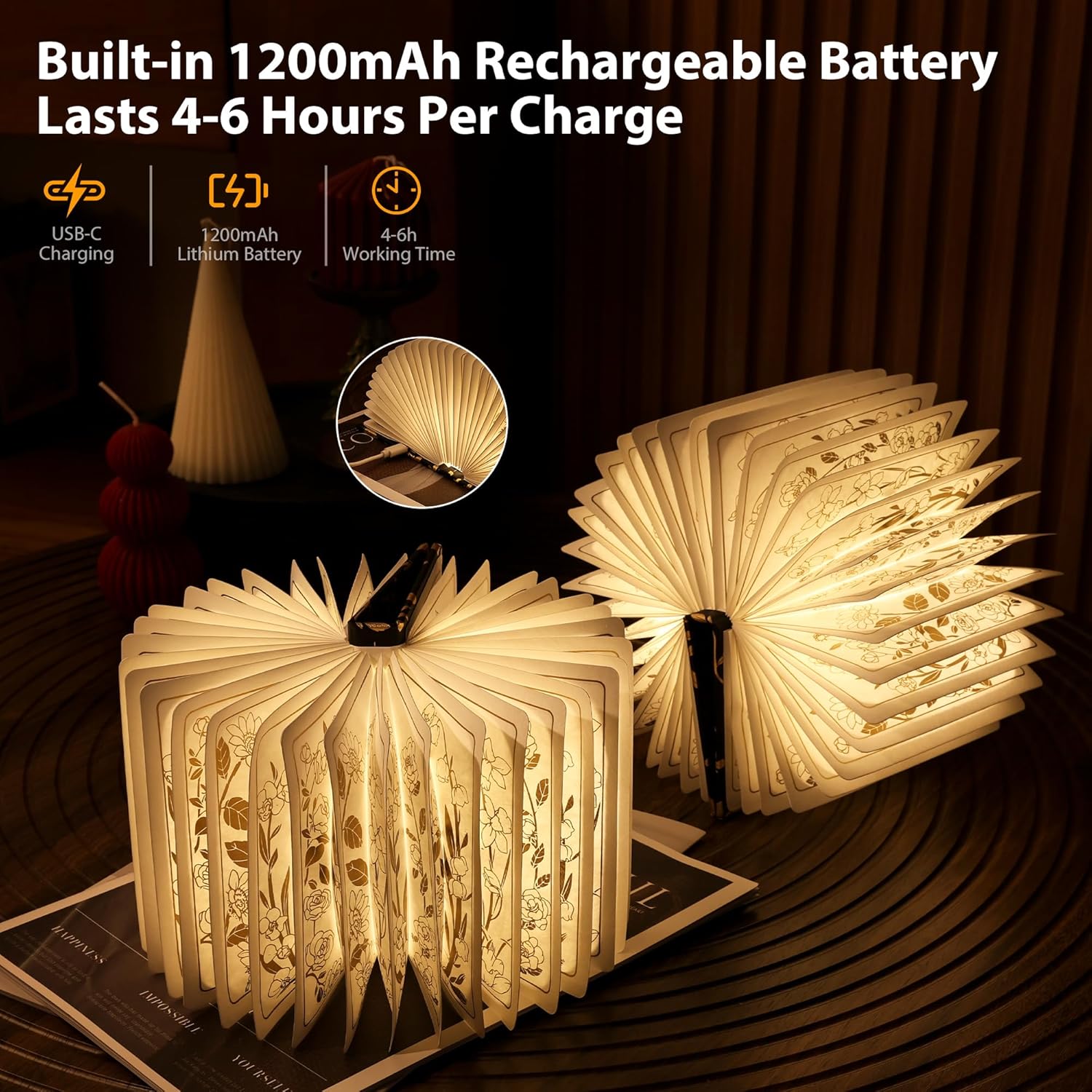 Lampe livre pliable noire à fleurs dorées, vue 4