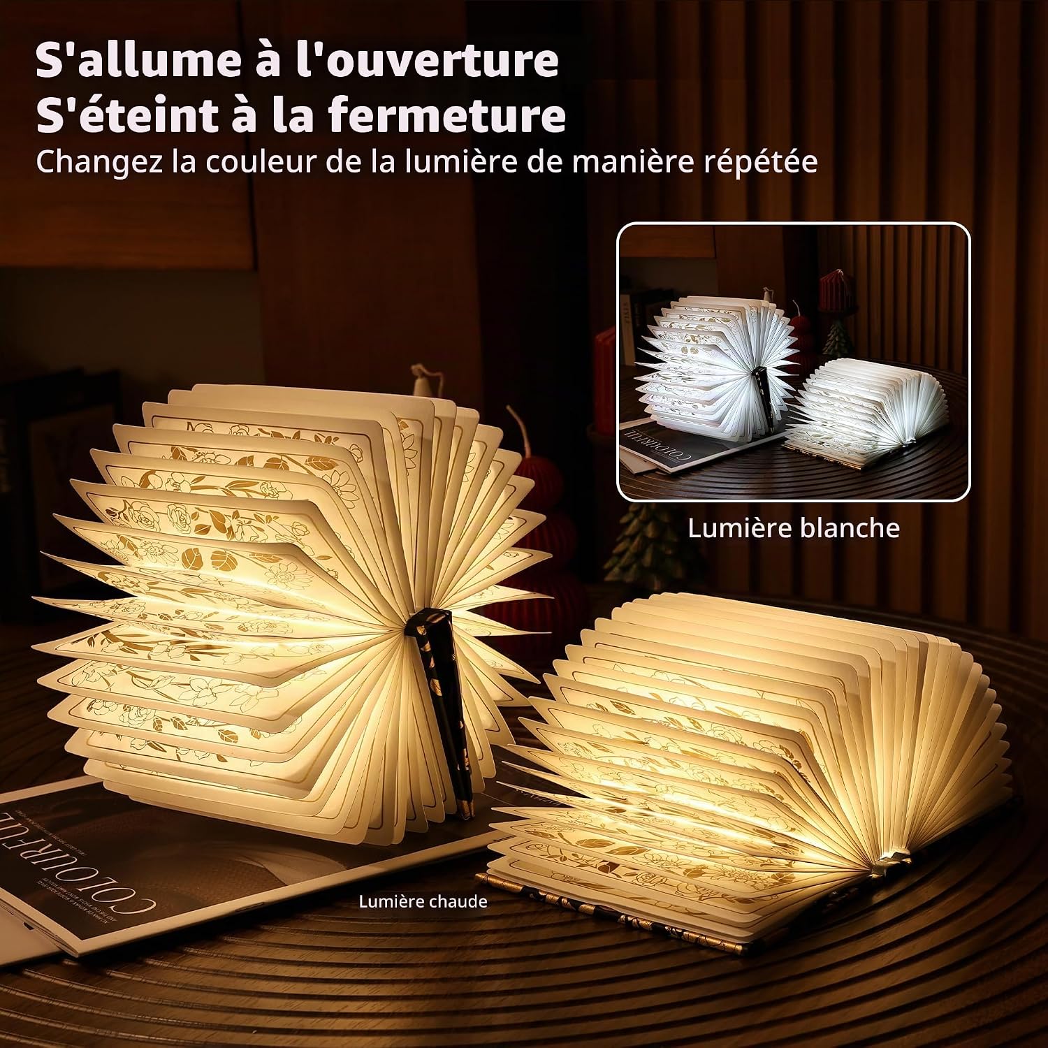 Lampe livre pliable noire à fleurs dorées, vue 5