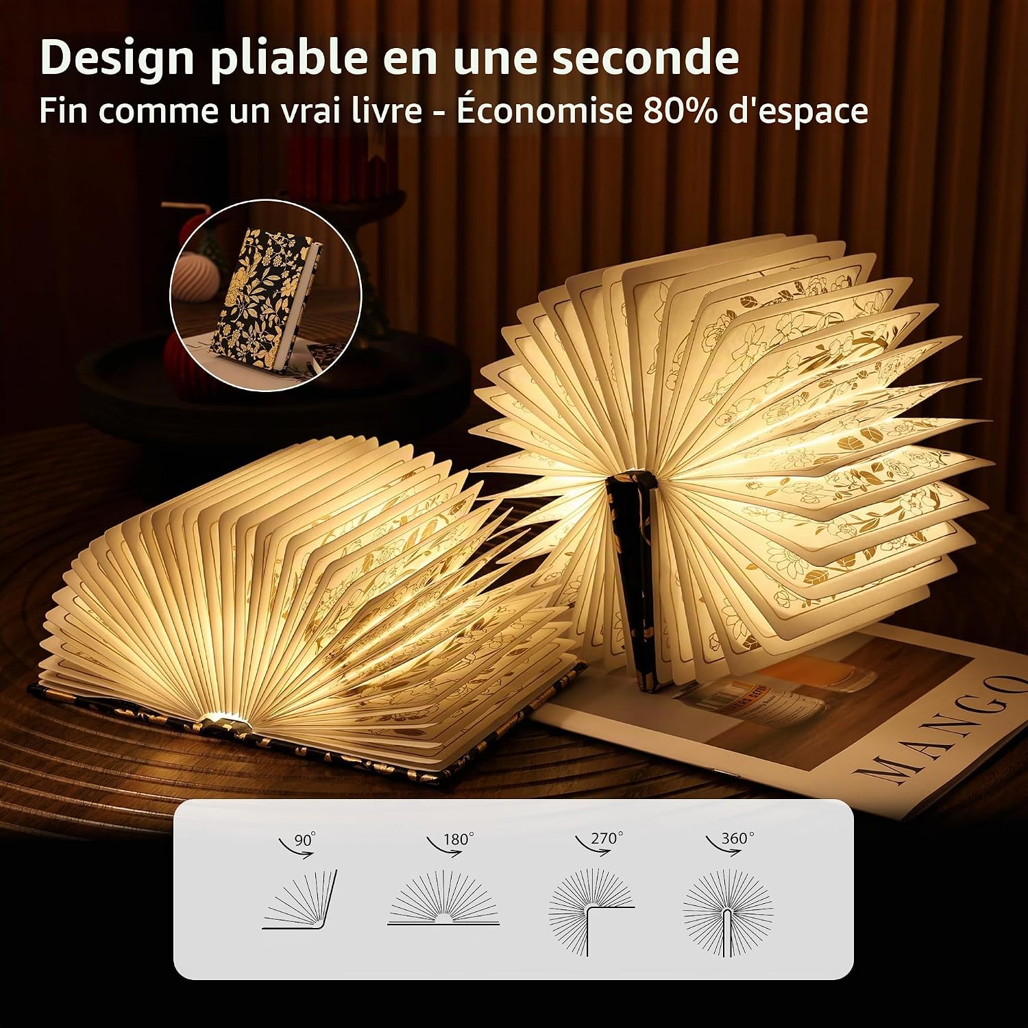 Lampe livre pliable noire à fleurs dorées, vue 6