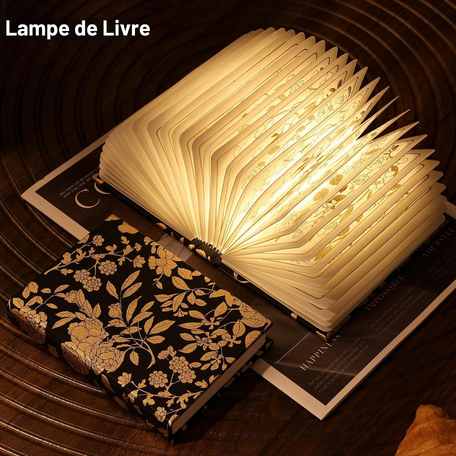 Lampe livre pliable noire à fleurs dorées, vue 7