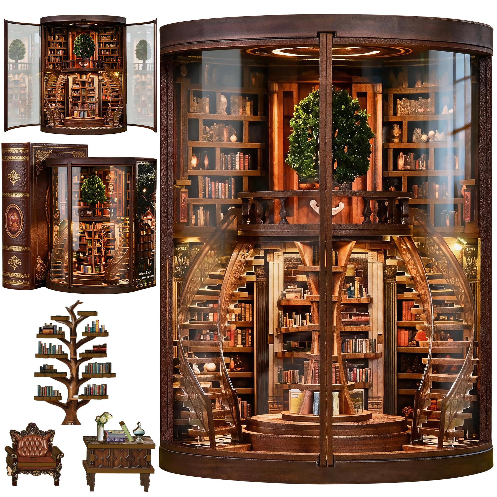 Book nook en forme de rotonde de bibliothèque sur deux étages, escaliers en courbe et arbre central