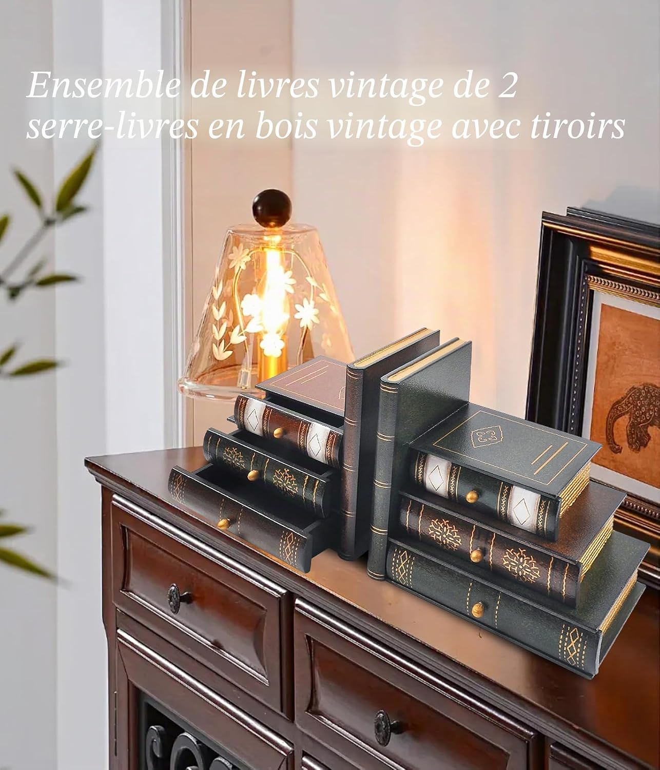 Serre-livres faux livres anciens à tiroirs, vue 2