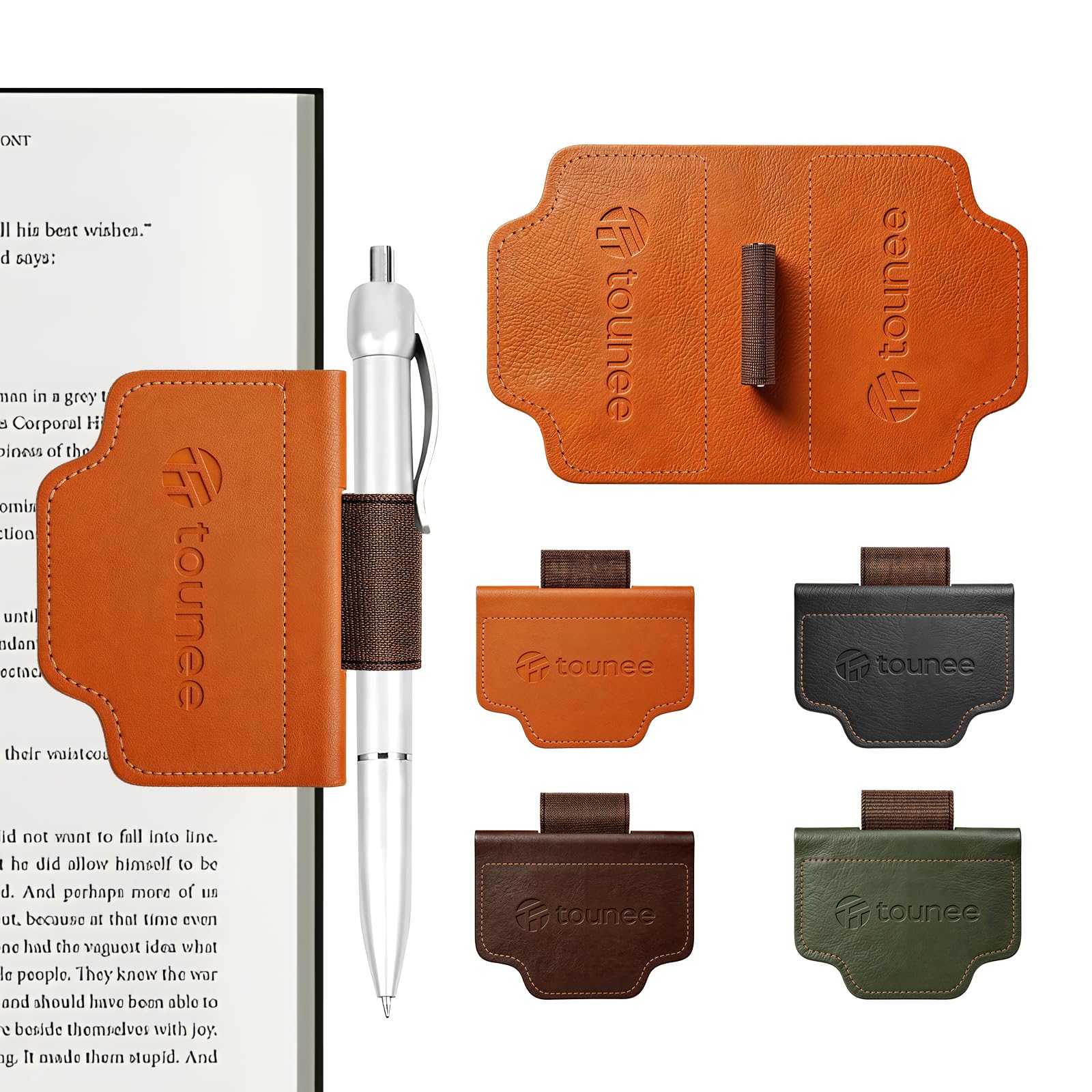 Quatre marque-pages magnétiques avec boucle porte-stylo, lun tenant un stylo sur la page dun livre ouvert
