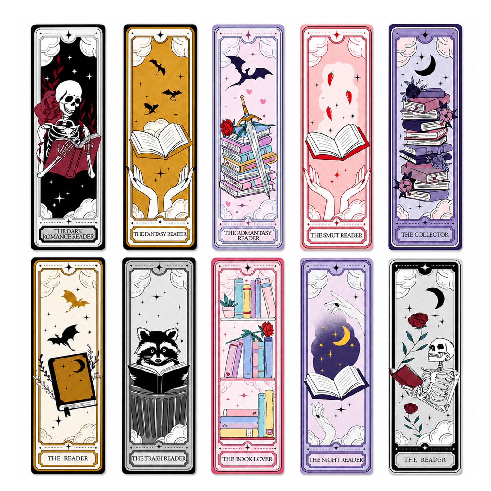 Dix marque-pages illustrés façon cartes de tarot : squelettes, dragons, lune, piles de livres et raton laveur