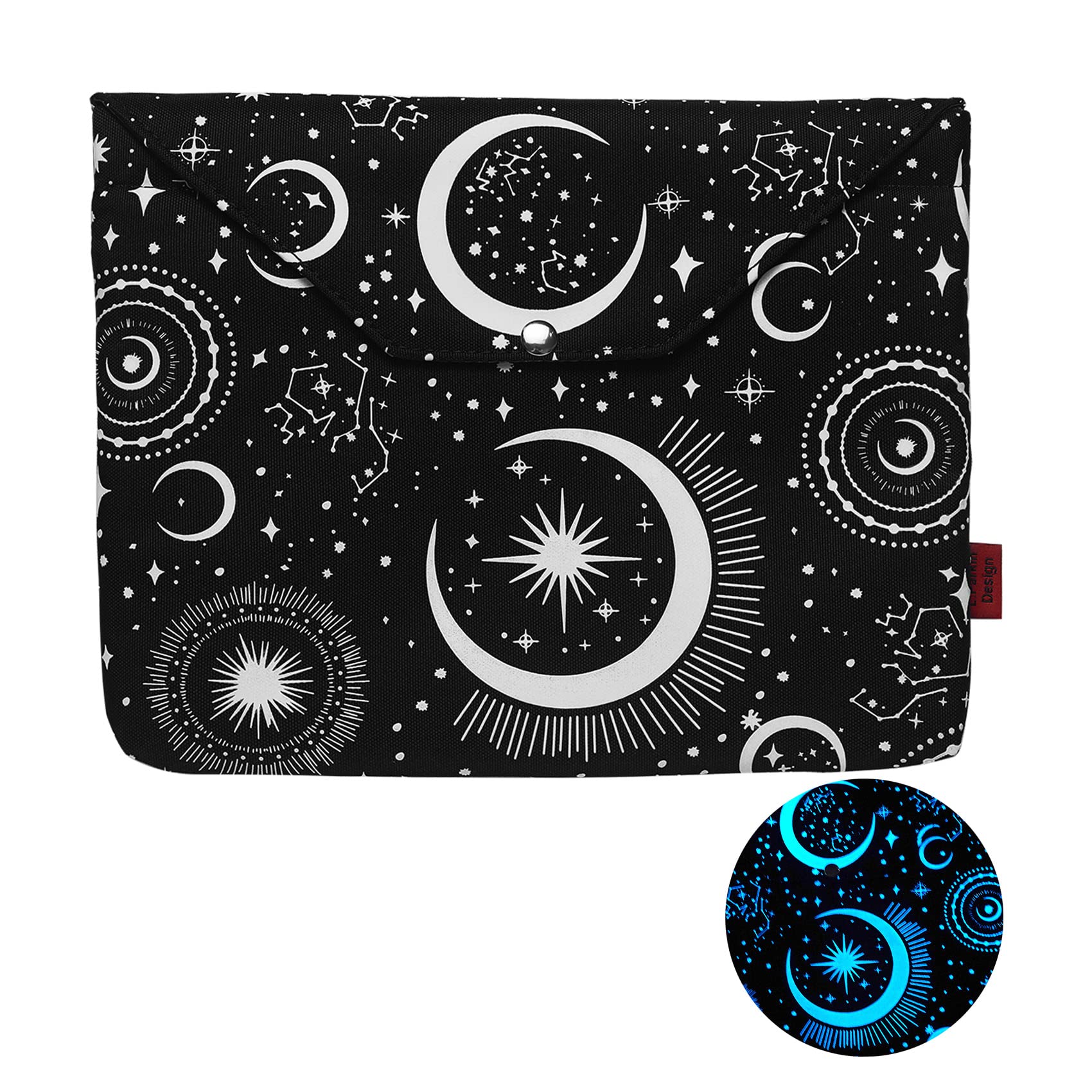 Pochette à livre rembourrée noire à motif lune et étoiles phosphorescent, avec bouton et poche avant
