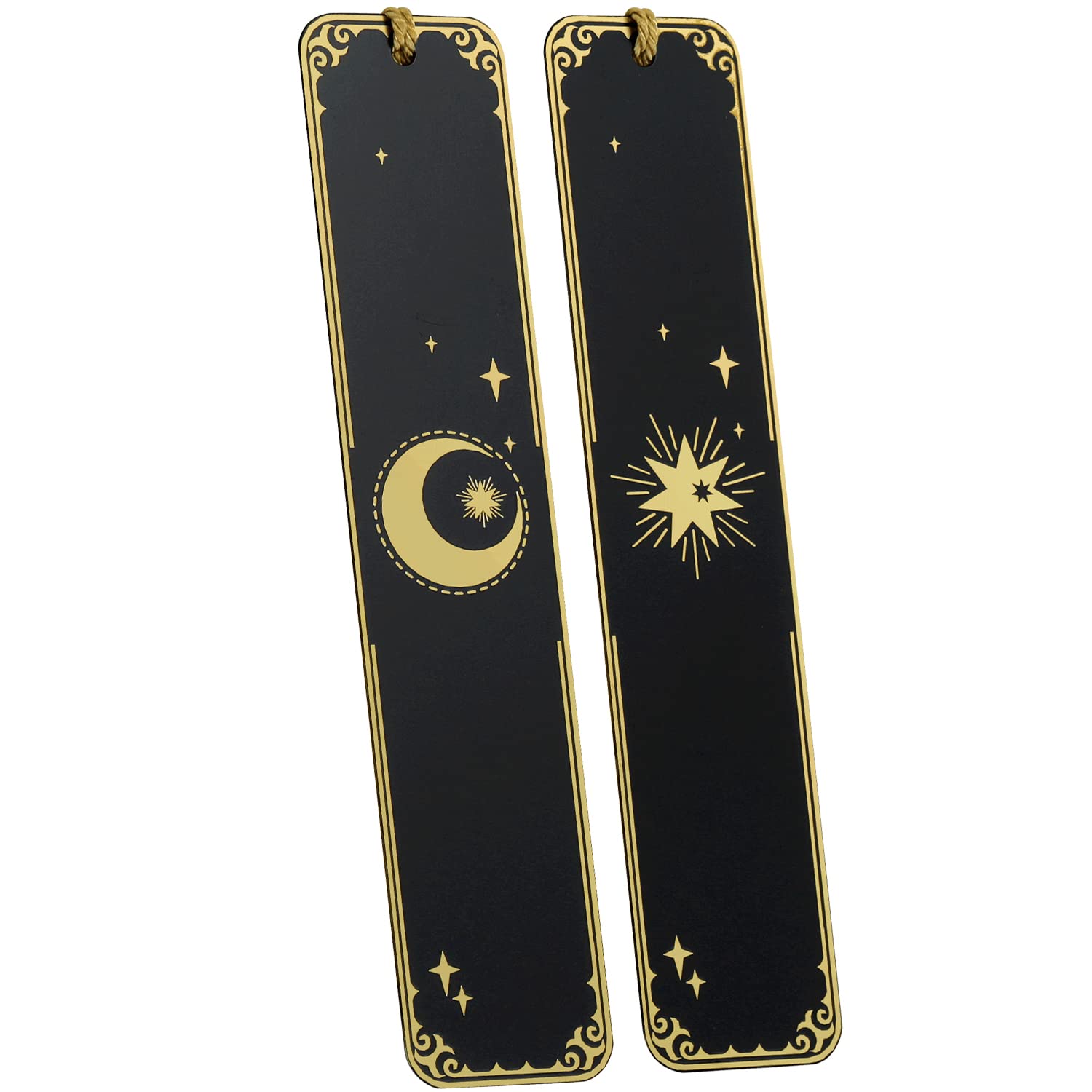Deux marque-pages en laiton noir et doré à motif lune et étoiles