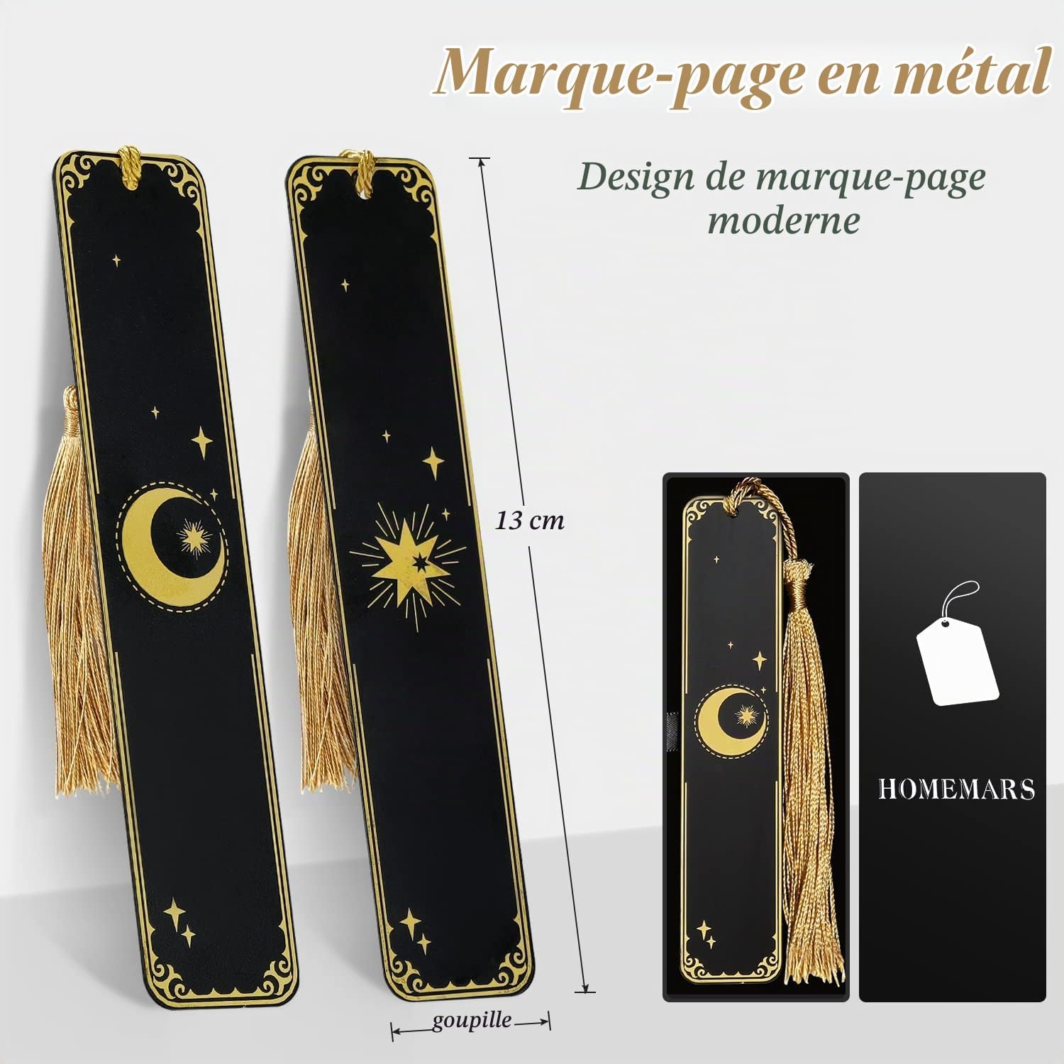 Marque-pages lune et étoiles en laiton noir et doré, vue 5
