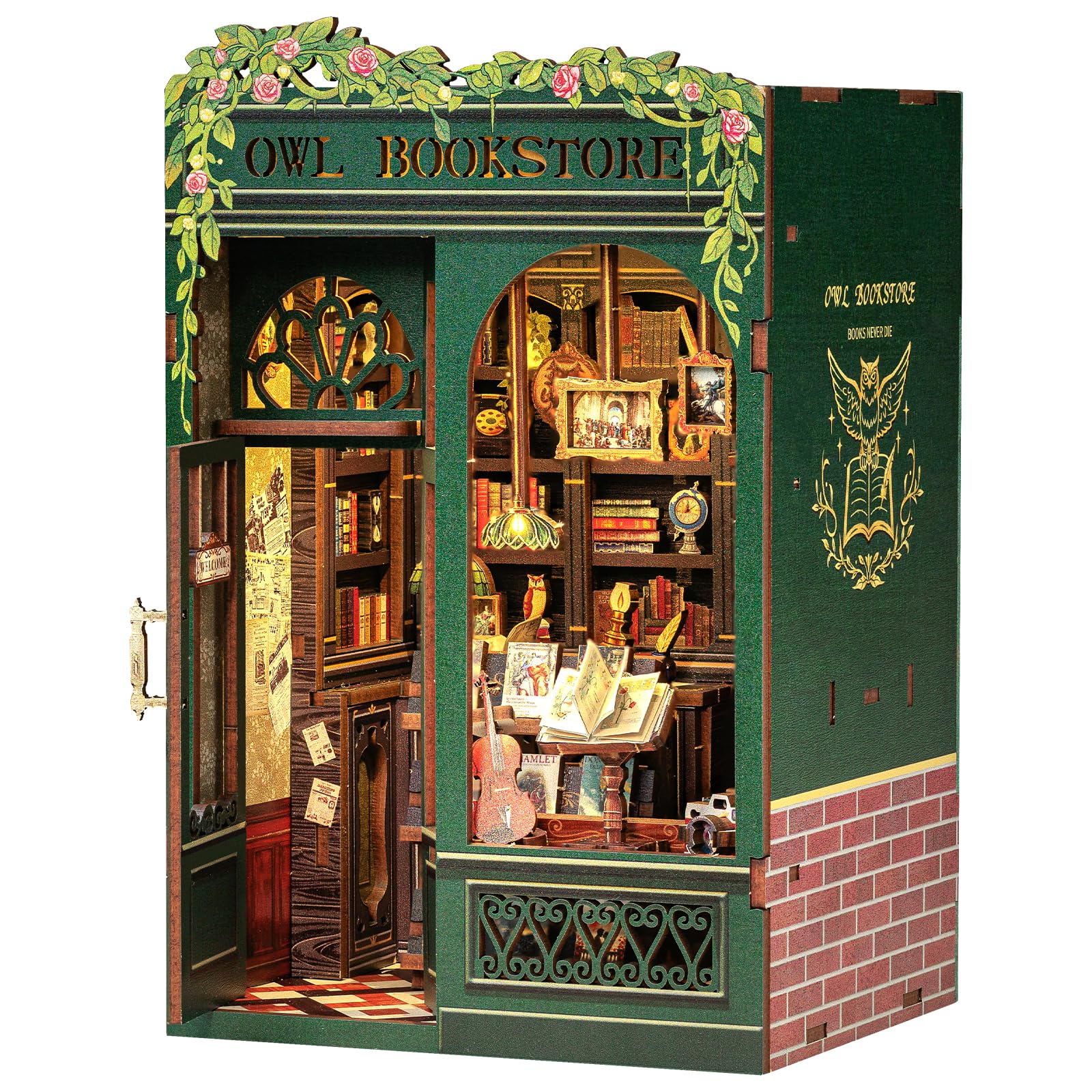 Book nook CUTEBEE Owl Bookstore : maquette en bois dune librairie anglaise miniature à glisser entre des livres