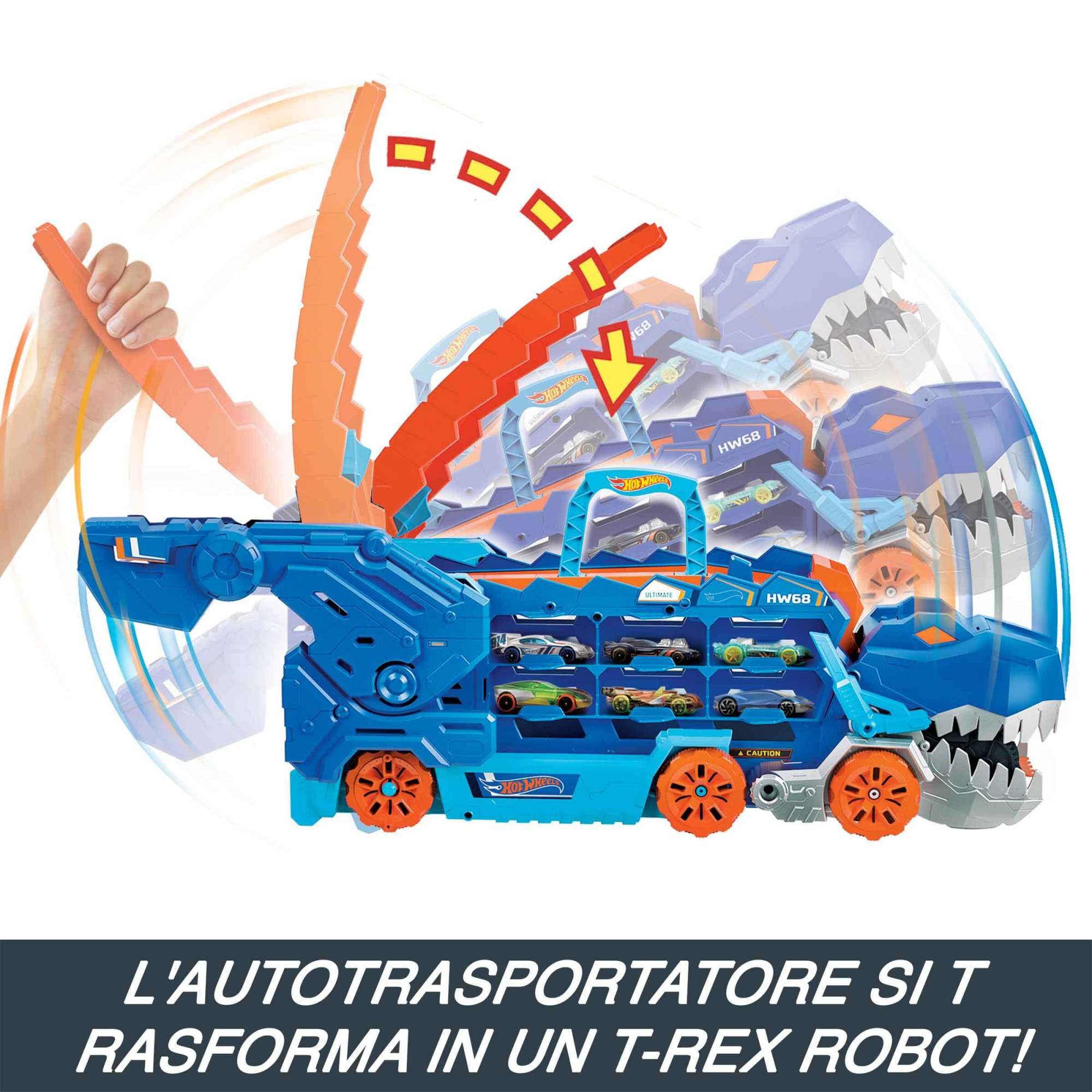 T-Rex Hot Wheels che inghiotte una macchinina, dettaglio