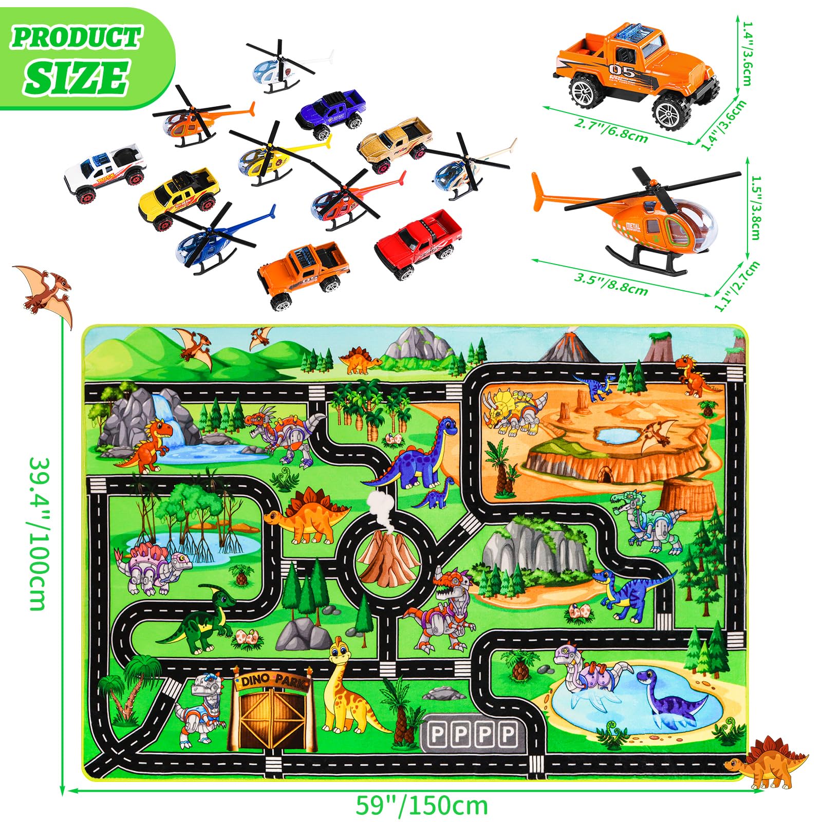 Tappeto gioco dinosauri DINSUMRUG, dettaglio delle piste