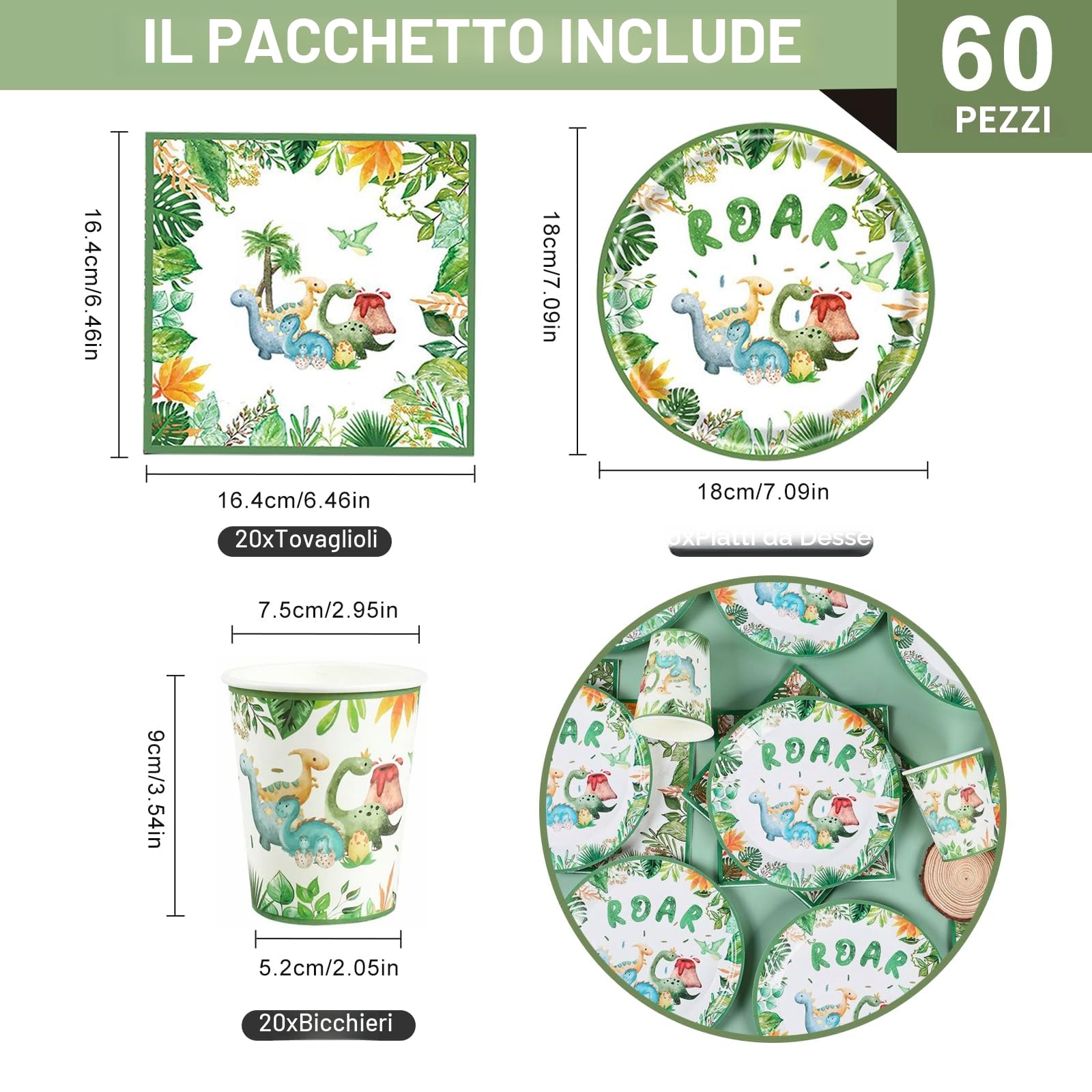Piatti di carta con dinosauri e scritta ROAR