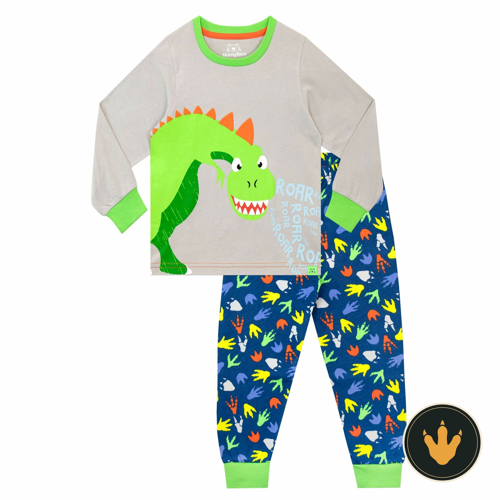 Pigiama Harry Bear con T-Rex e scritta Roar sulla maglia e pantaloni blu
