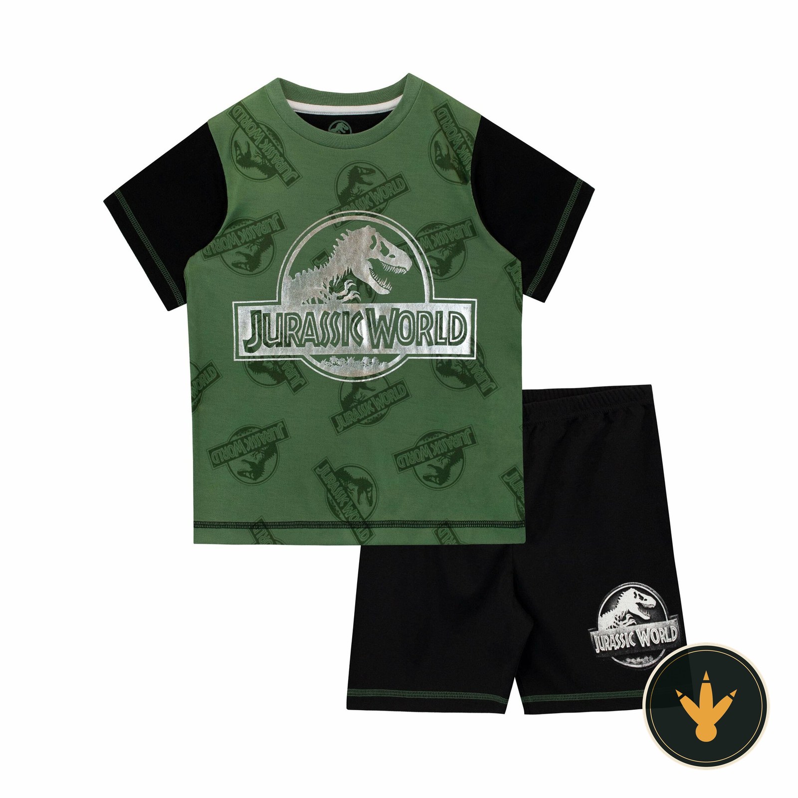 Pigiama Jurassic World per bambino con logo argentato e pantaloncini neri