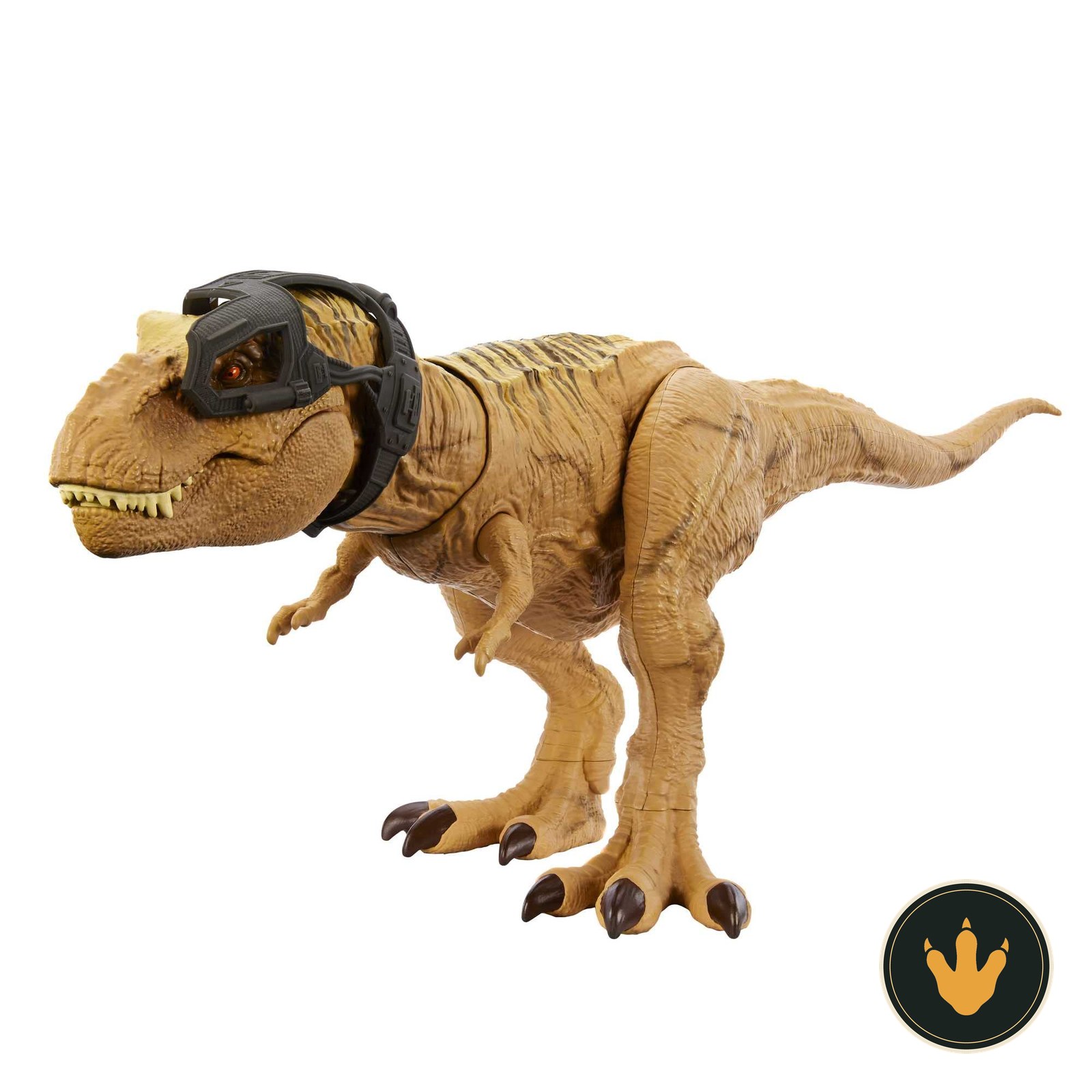 T-Rex Caccia e Divora Mattel HNT62 con colorazione desertica e attrezzatura di tracciamento